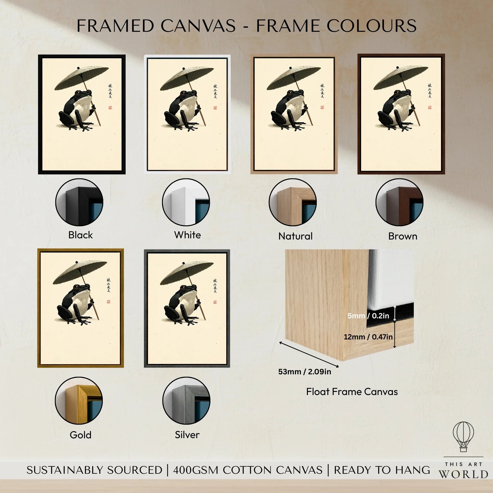 Japanese Frog Art Print – Traditional Umbrella Wall Decor — framed canvas float frame colour options