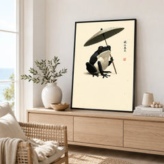 Japanese Frog Art Print – Traditional Umbrella Wall Decor — framed artwork living room lifestyle setting