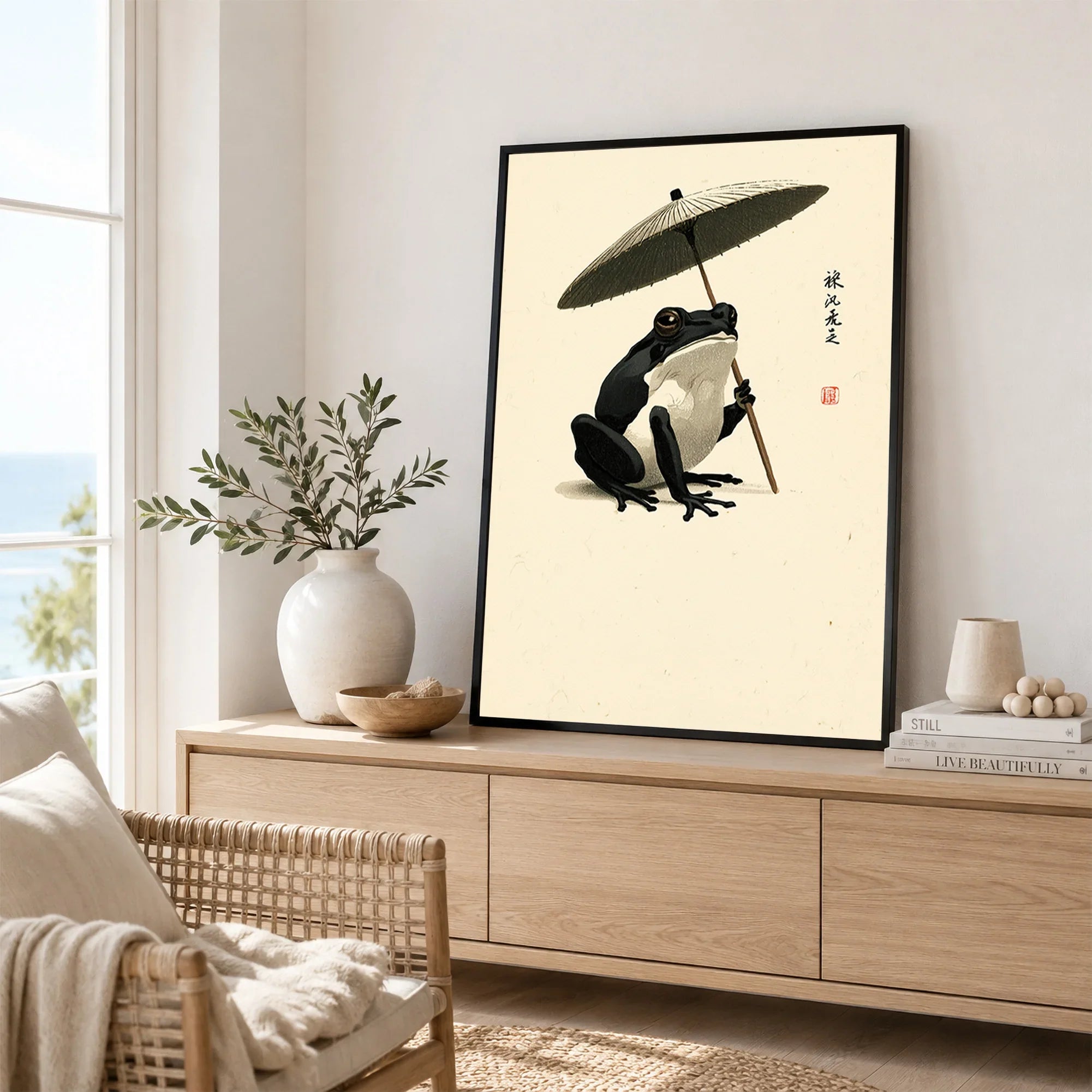 Japanese Frog Art Print – Traditional Umbrella Wall Decor — framed artwork living room lifestyle setting