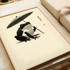 Japanese Frog Art Print – Traditional Umbrella Wall Decor — framed art print closeup gift unwrapped natural frame
