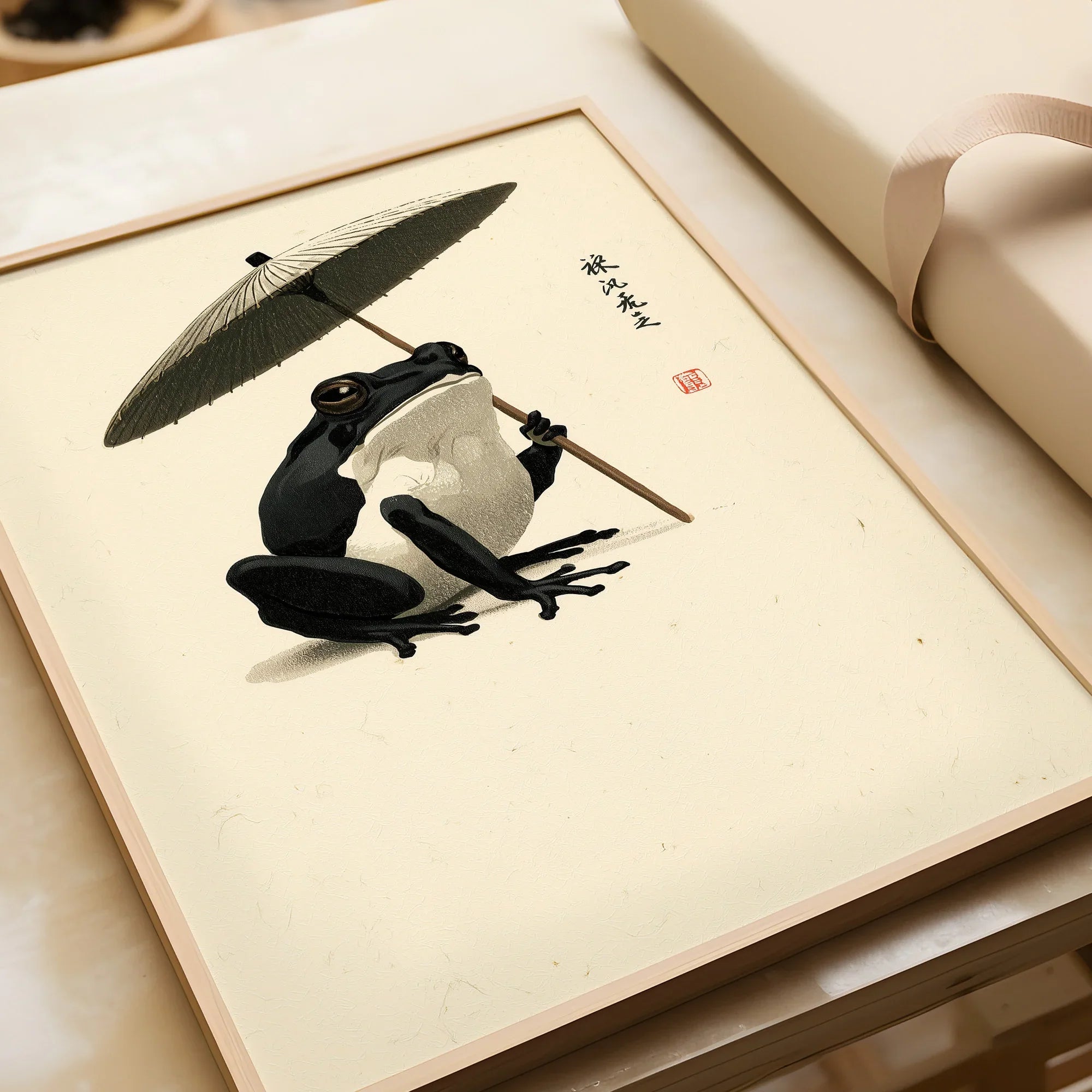 Japanese Frog Art Print – Traditional Umbrella Wall Decor — framed art print closeup gift unwrapped natural frame