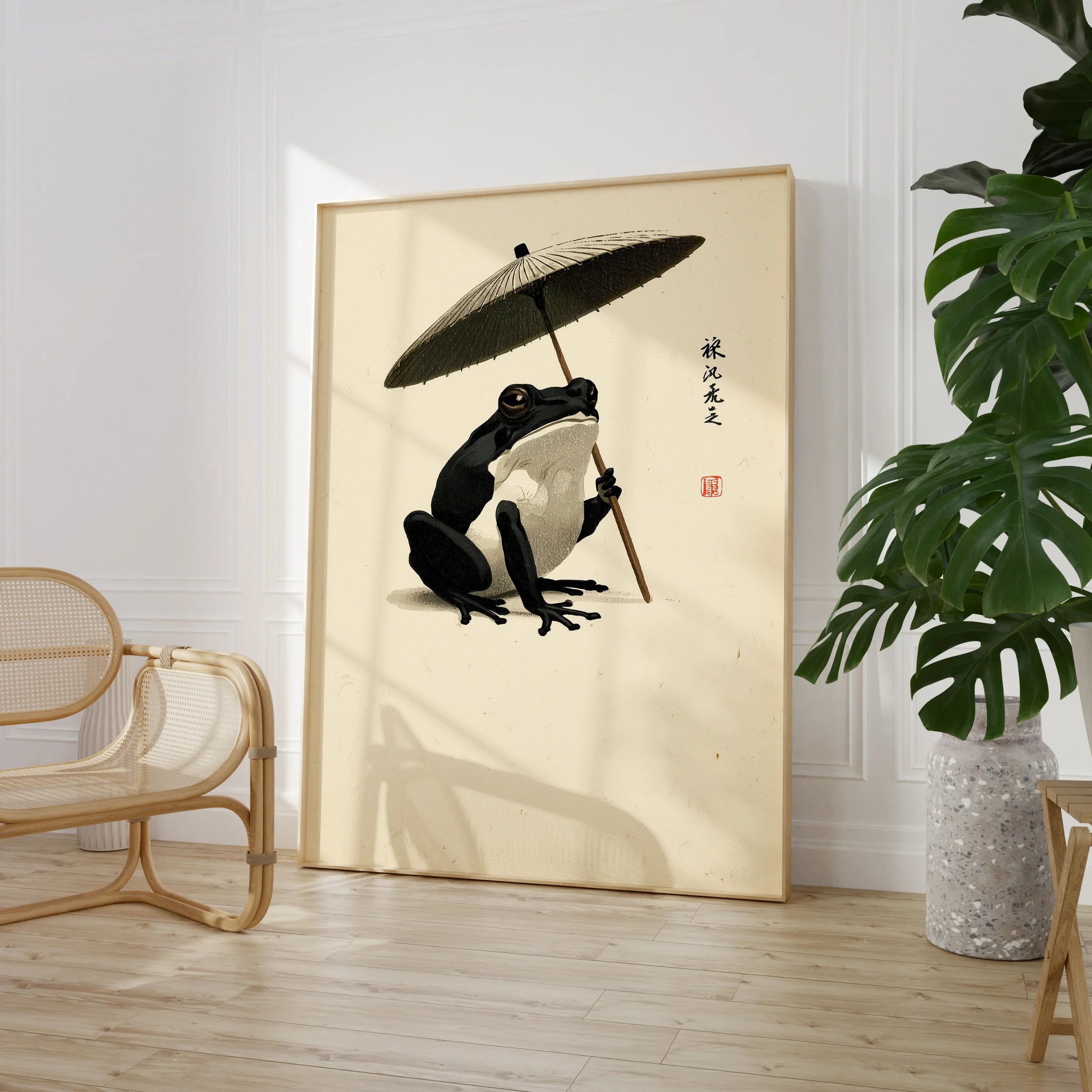 Japanese Frog Art Print – Traditional Umbrella Wall Decor — large framed print room setting chair plant