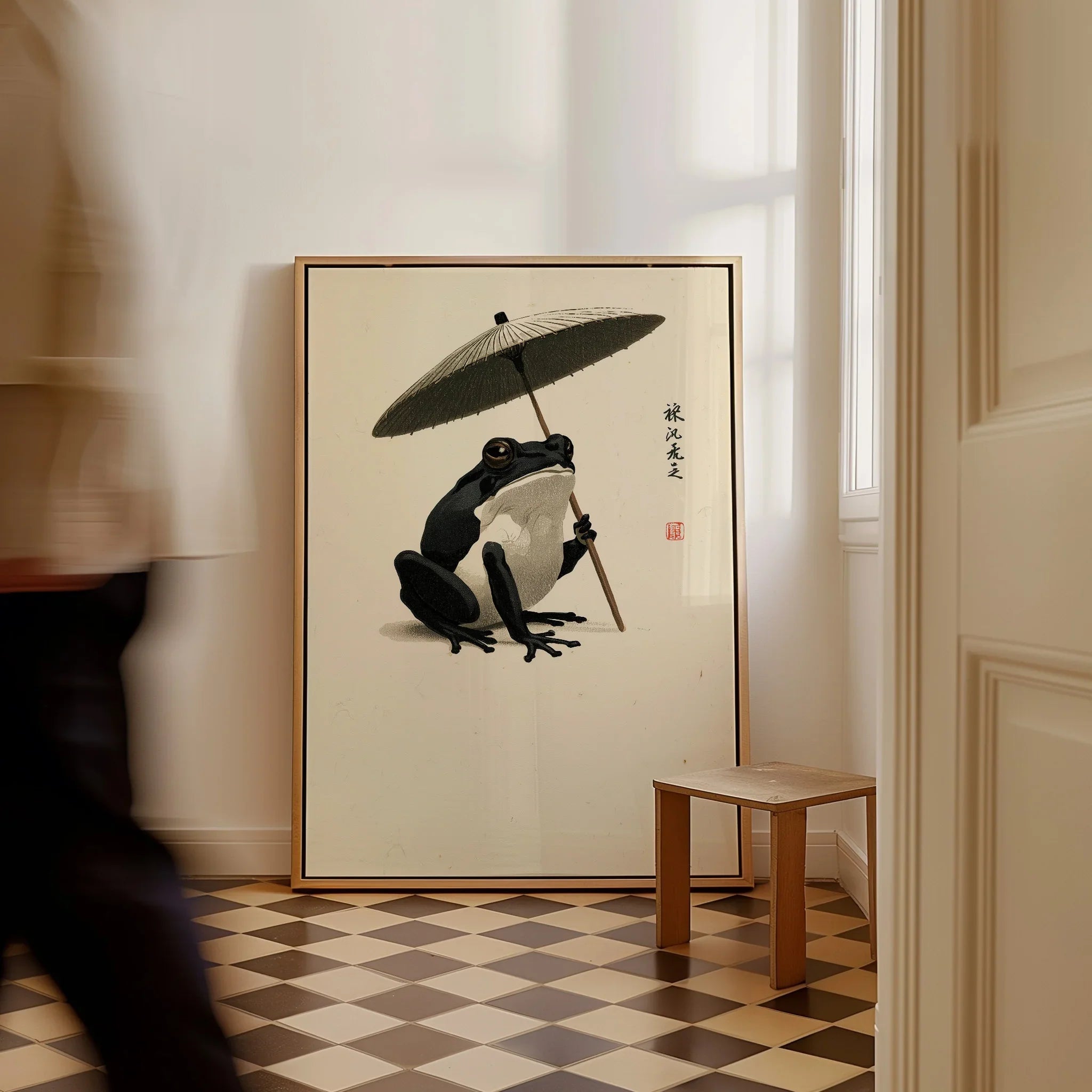 Japanese Frog Art Print – Traditional Umbrella Wall Decor — framed canvas on floor man walking past