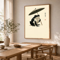Japanese Frog Art Print – Traditional Umbrella Wall Decor — dining room framed print natural wood frame