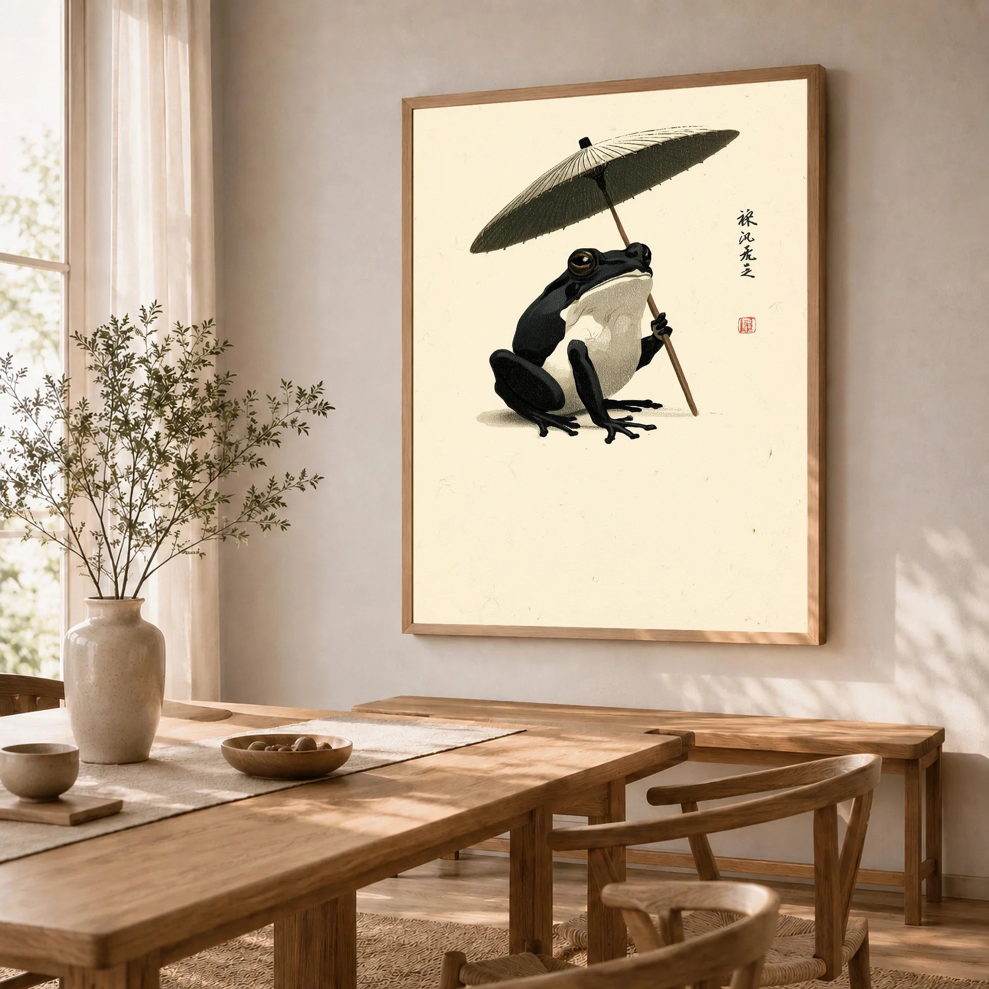 Japanese Frog Art Print – Traditional Umbrella Wall Decor — dining room framed print natural wood frame