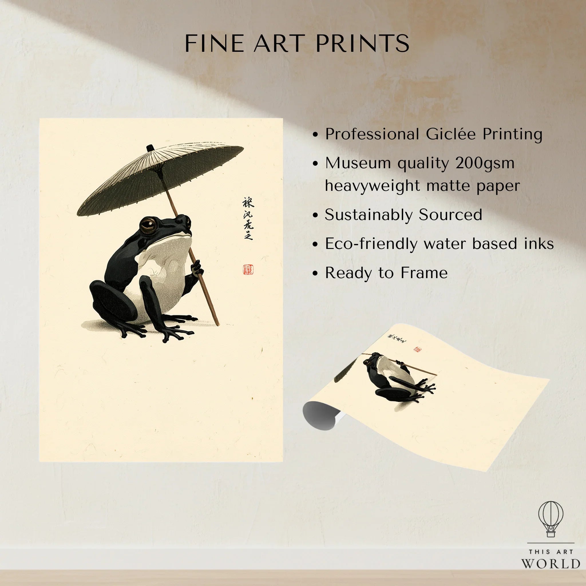 Japanese Frog Art Print – Traditional Umbrella Wall Decor — fine art print unframed quality details