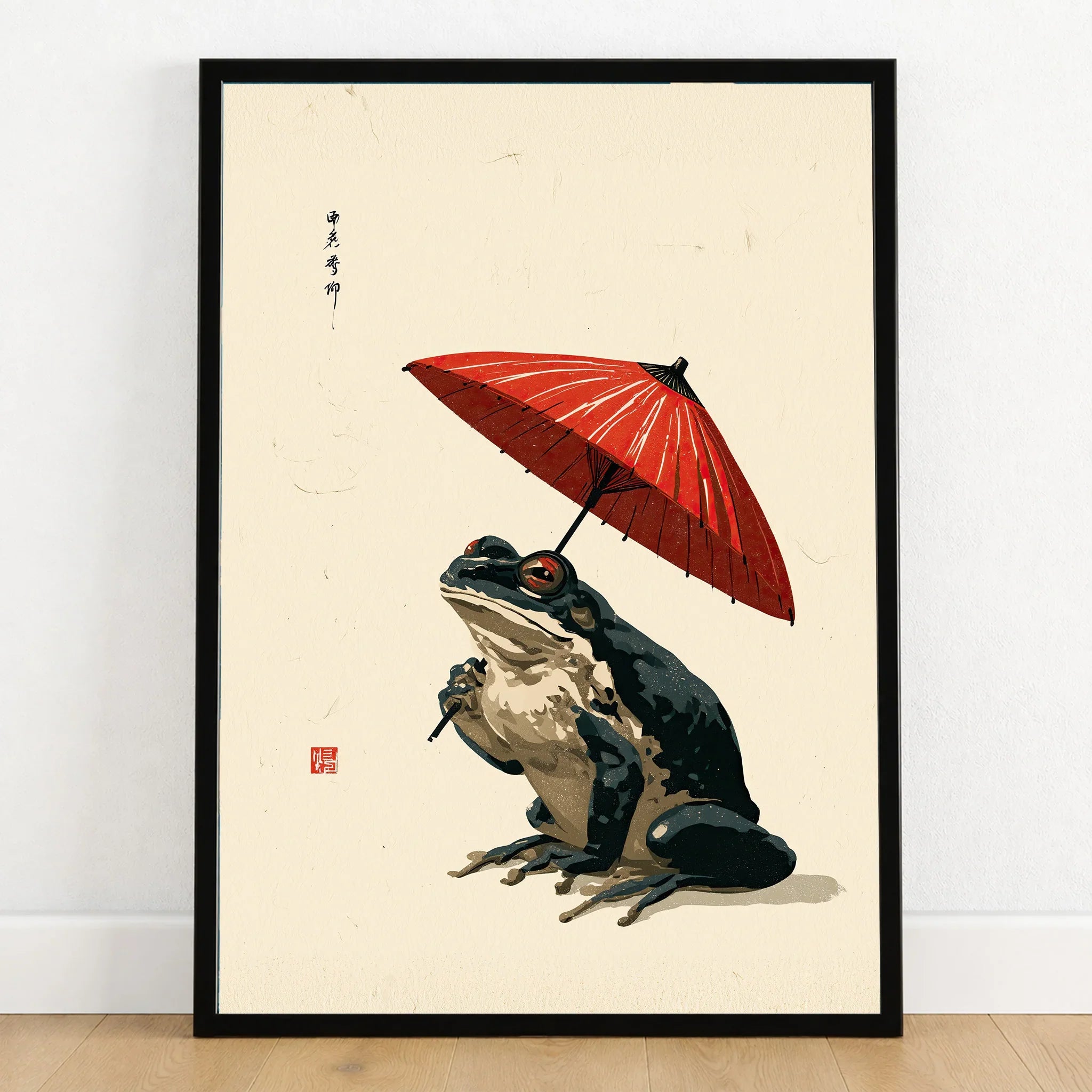 Japanese Frog Wall Art – Red Parasol Vintage Art Print — art print in black frame on wooden floor