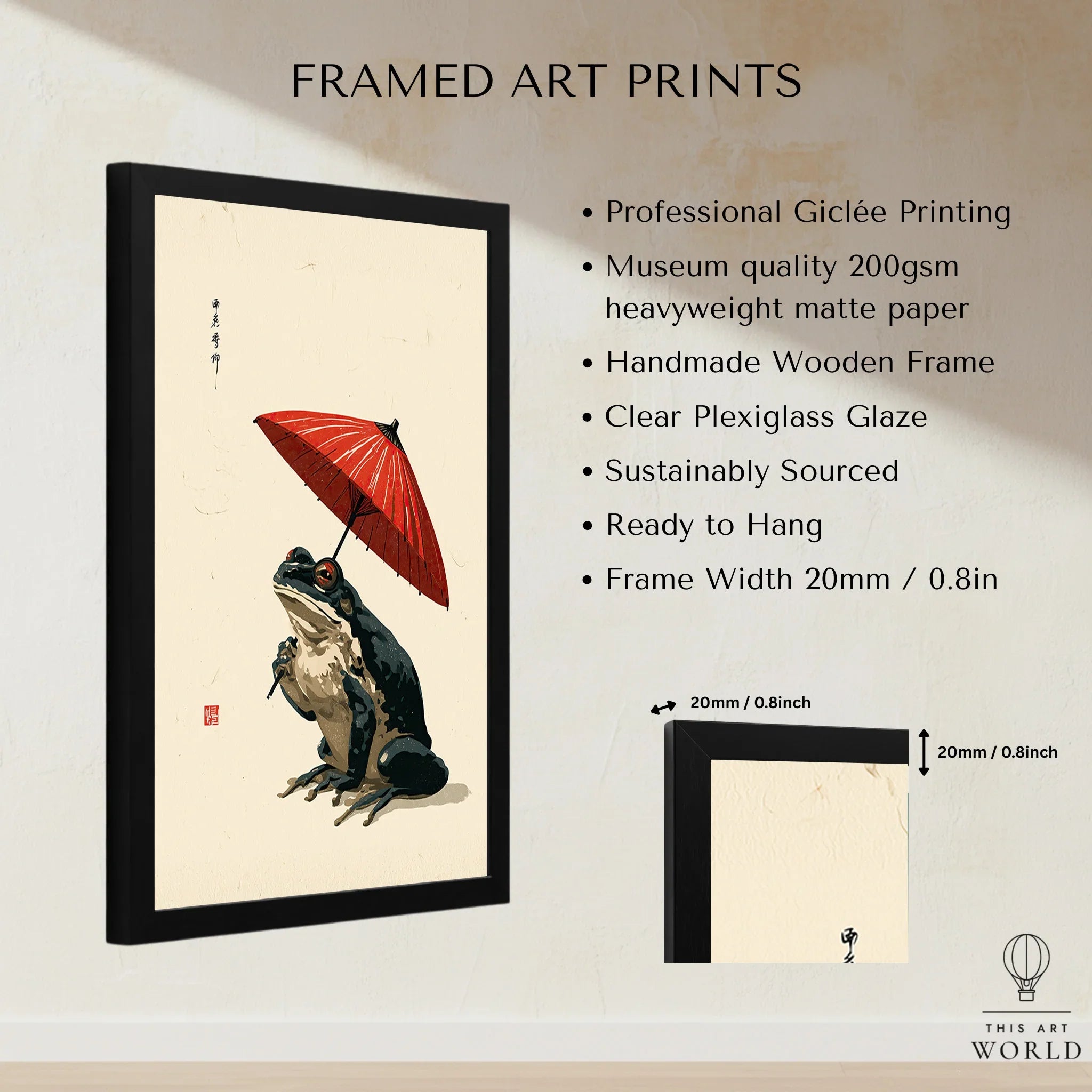 Japanese Frog Wall Art – Red Parasol Vintage Art Print — framed print details measurements quality details