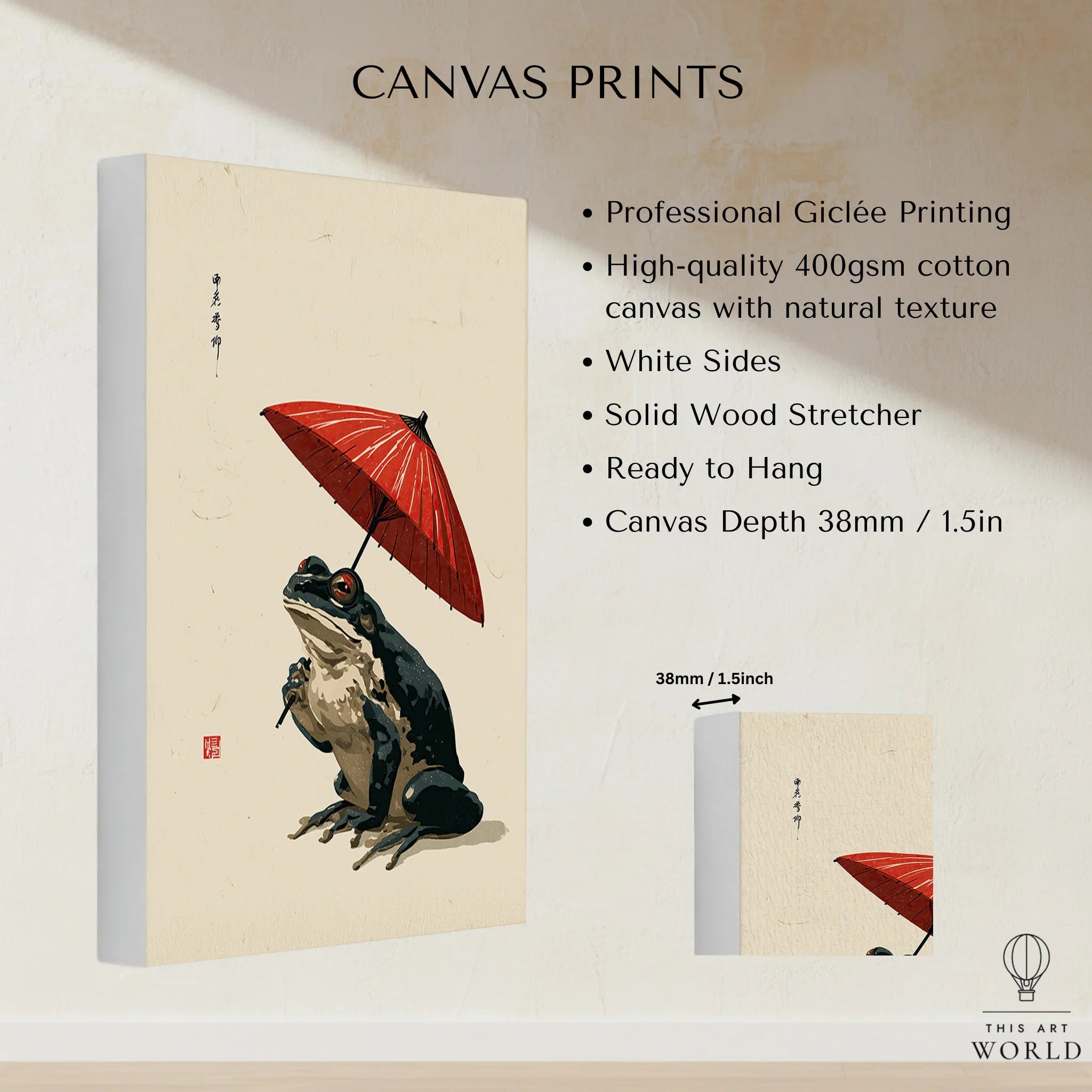 Japanese Frog Wall Art – Red Parasol Vintage Art Print — canvas print stretched cotton canvas details