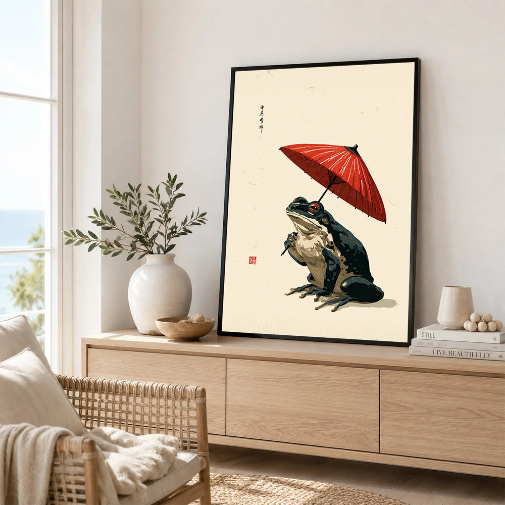 Japanese Frog Wall Art – Red Parasol Vintage Art Print — framed artwork living room lifestyle setting