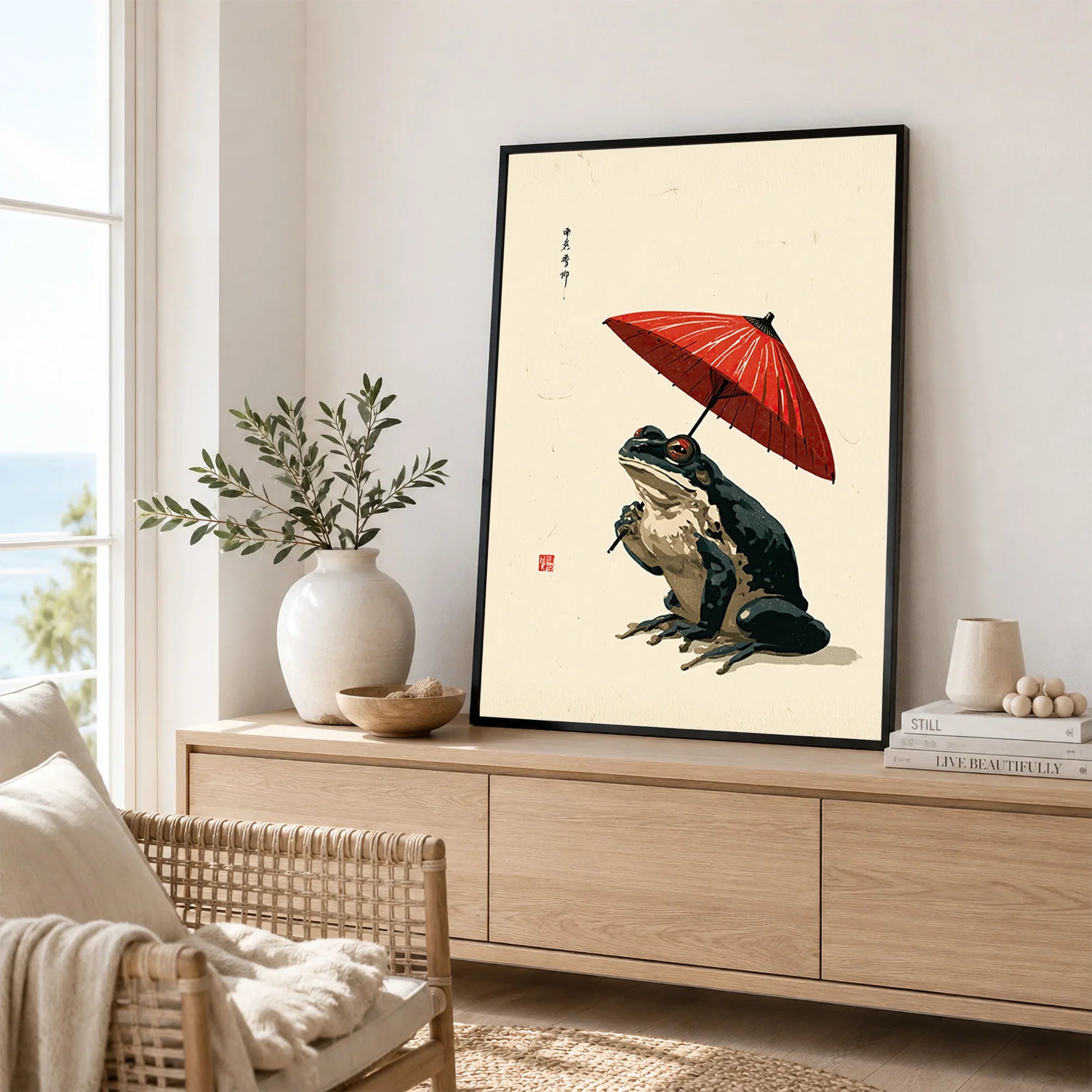 Japanese Frog Wall Art – Red Parasol Vintage Art Print — framed artwork living room lifestyle setting