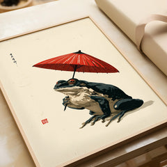 Japanese Frog Wall Art – Red Parasol Vintage Art Print — framed art print closeup gift unwrapped natural frame
