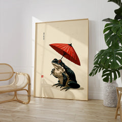 Japanese Frog Wall Art – Red Parasol Vintage Art Print — large framed print room setting chair plant