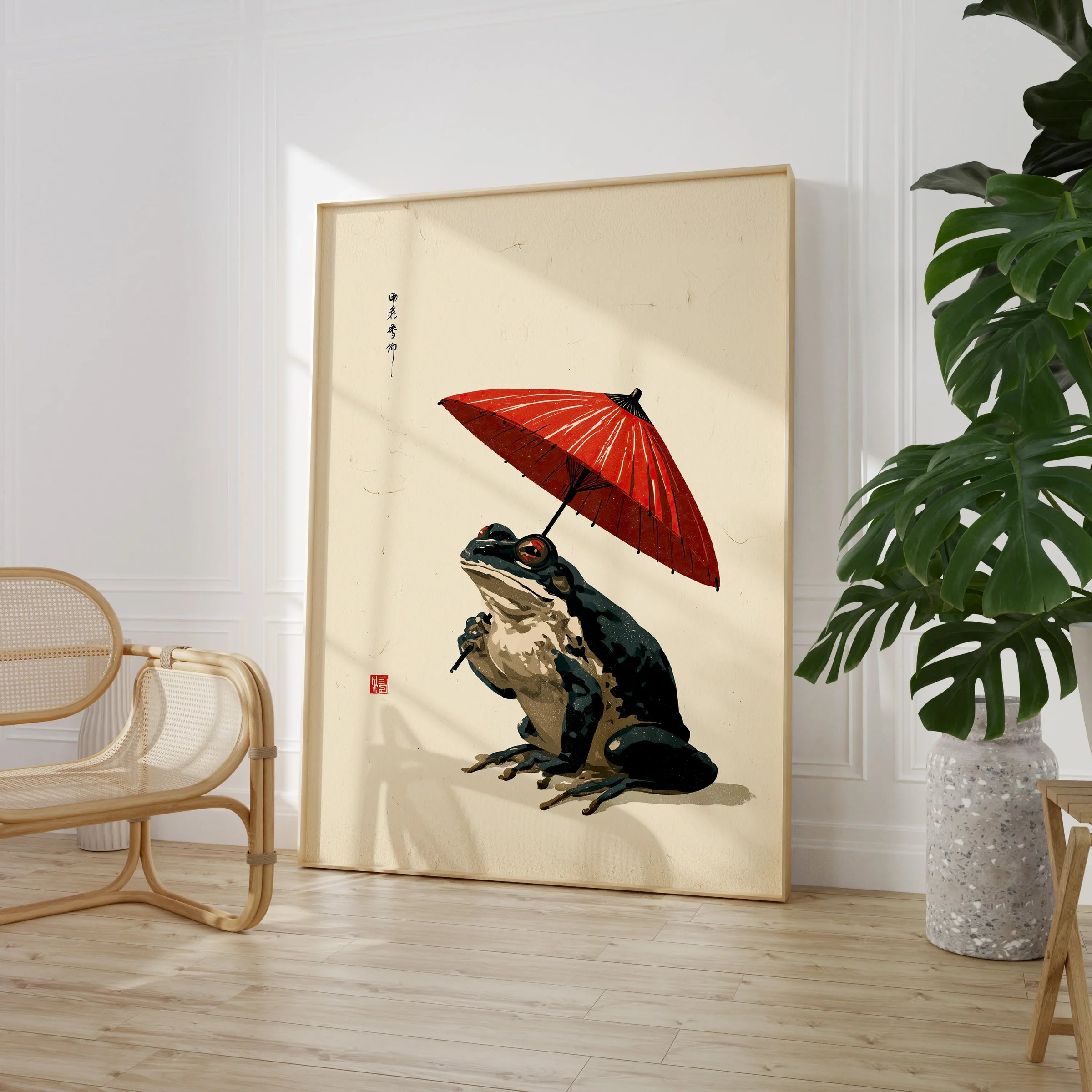 Japanese Frog Wall Art – Red Parasol Vintage Art Print — large framed print room setting chair plant