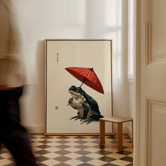 Japanese Frog Wall Art – Red Parasol Vintage Art Print — framed canvas on floor man walking past