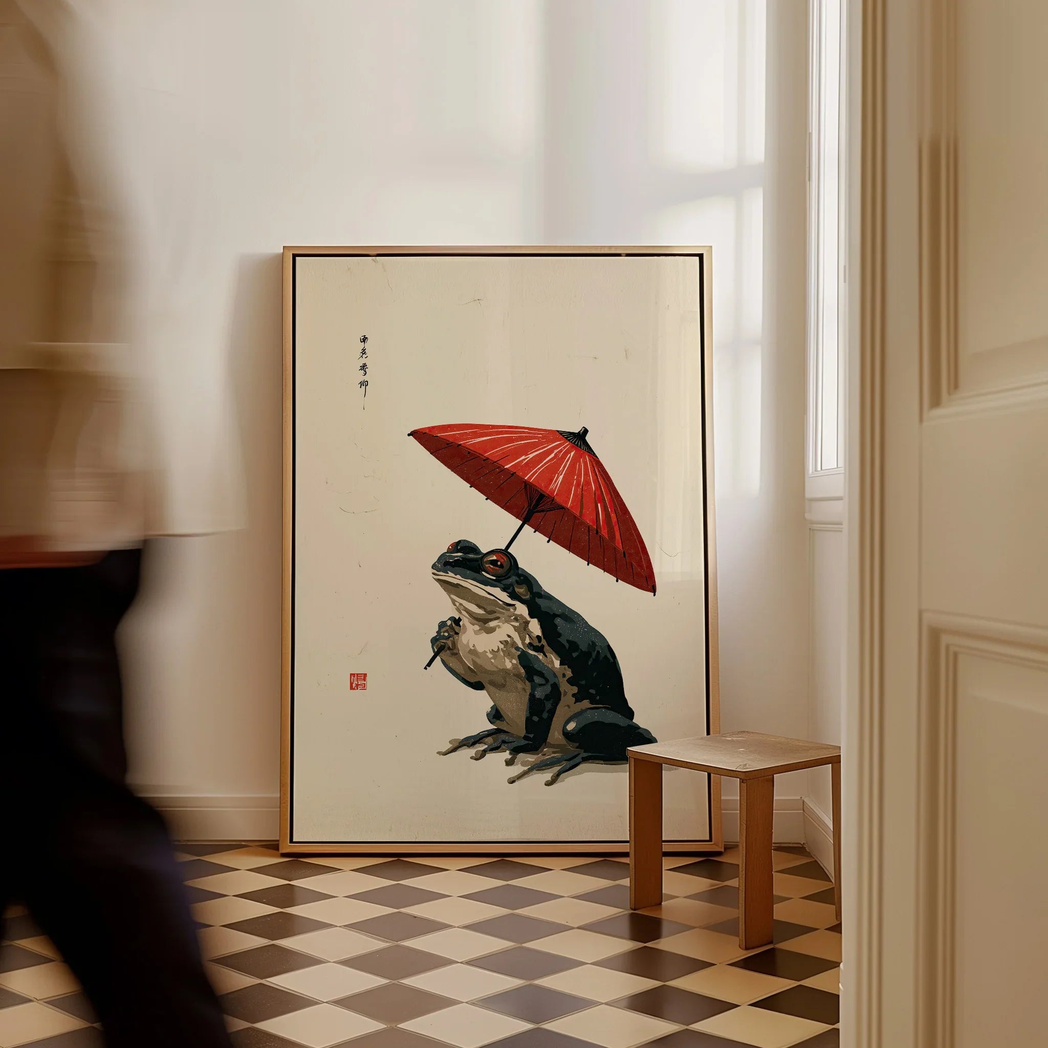 Japanese Frog Wall Art – Red Parasol Vintage Art Print — framed canvas on floor man walking past