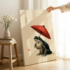 Japanese Frog Wall Art – Red Parasol Vintage Art Print — canvas print mirror edge hand holding room setting