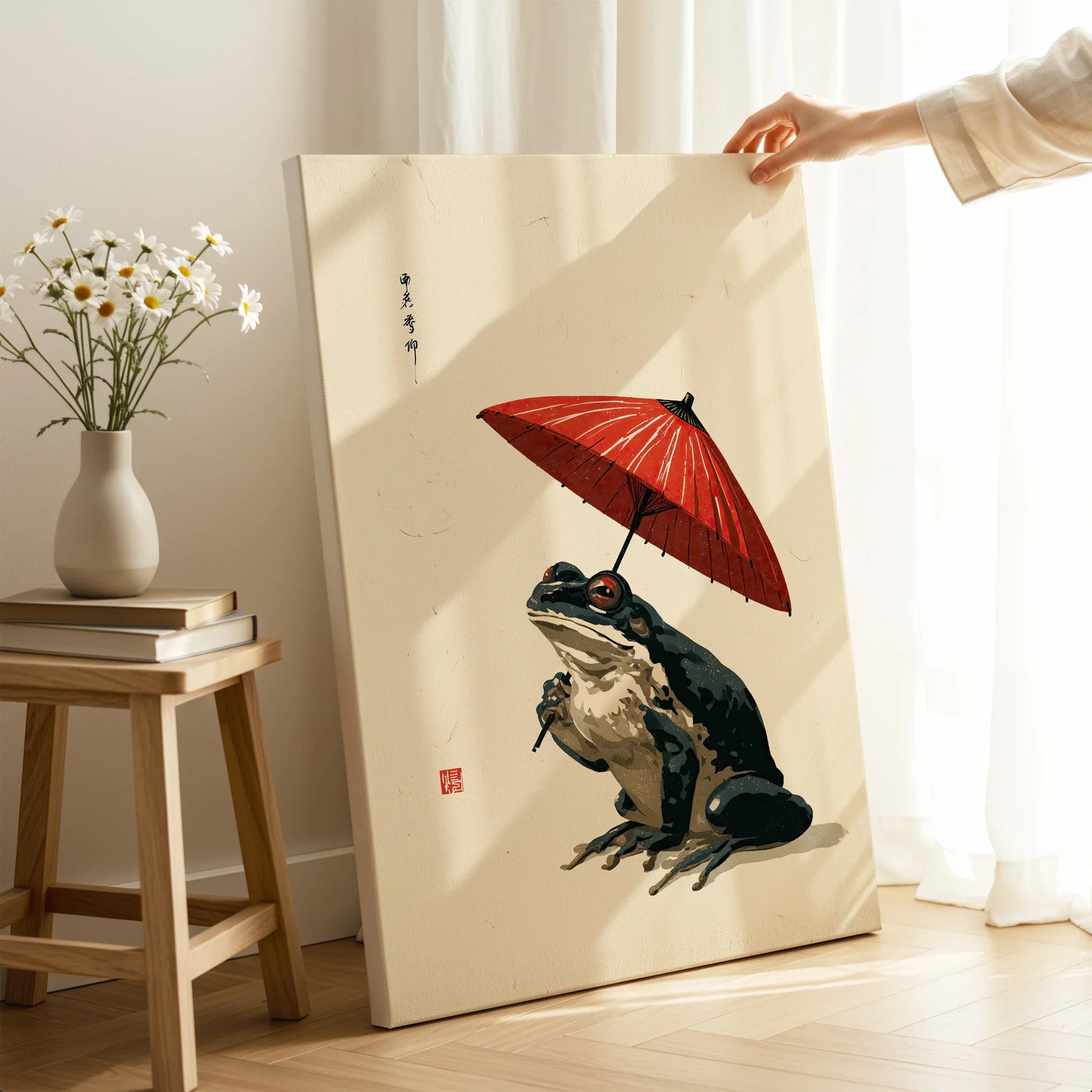 Japanese Frog Wall Art – Red Parasol Vintage Art Print — canvas print mirror edge hand holding room setting