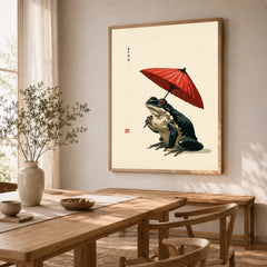 Japanese Frog Wall Art – Red Parasol Vintage Art Print — dining room framed print natural wood frame