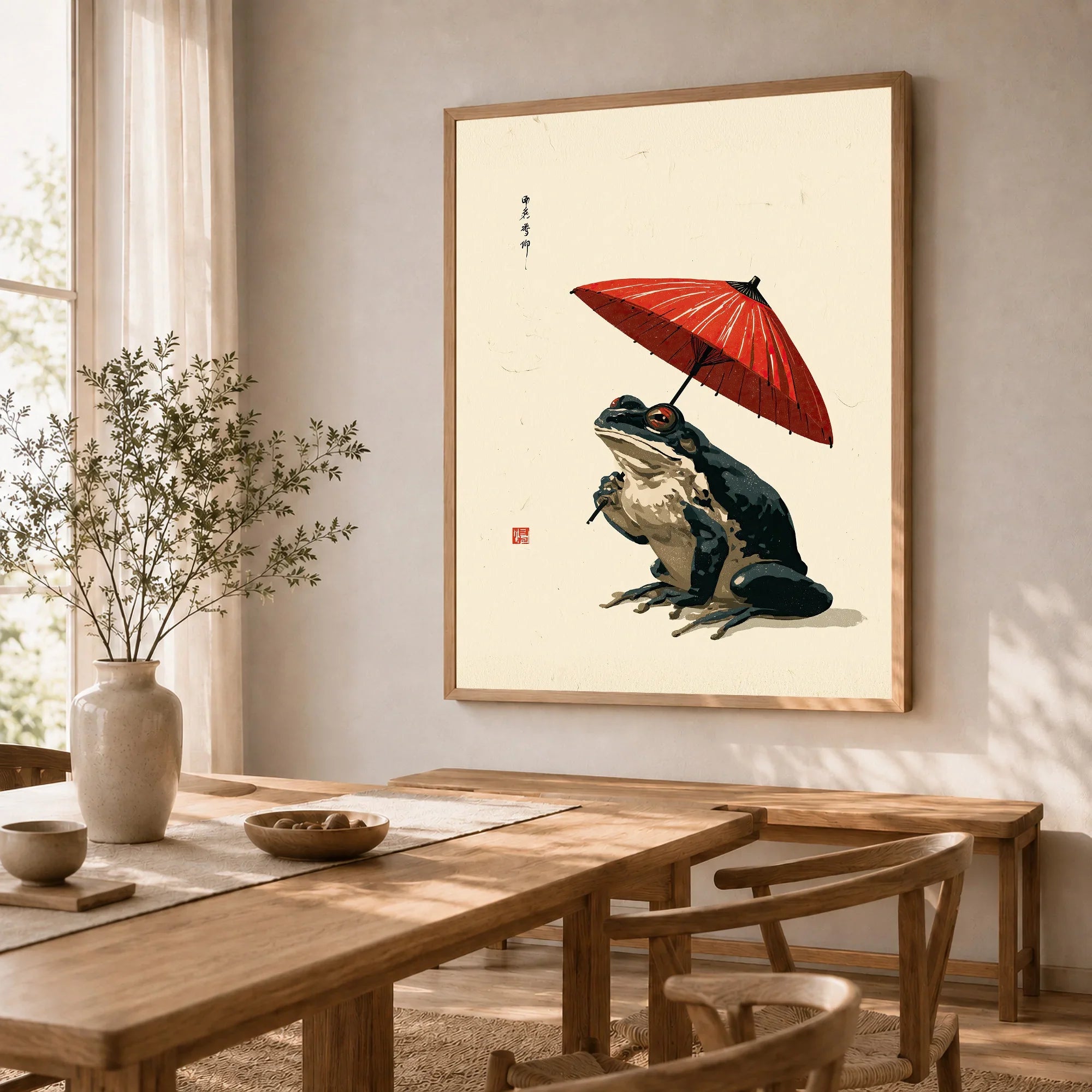 Japanese Frog Wall Art – Red Parasol Vintage Art Print — dining room framed print natural wood frame