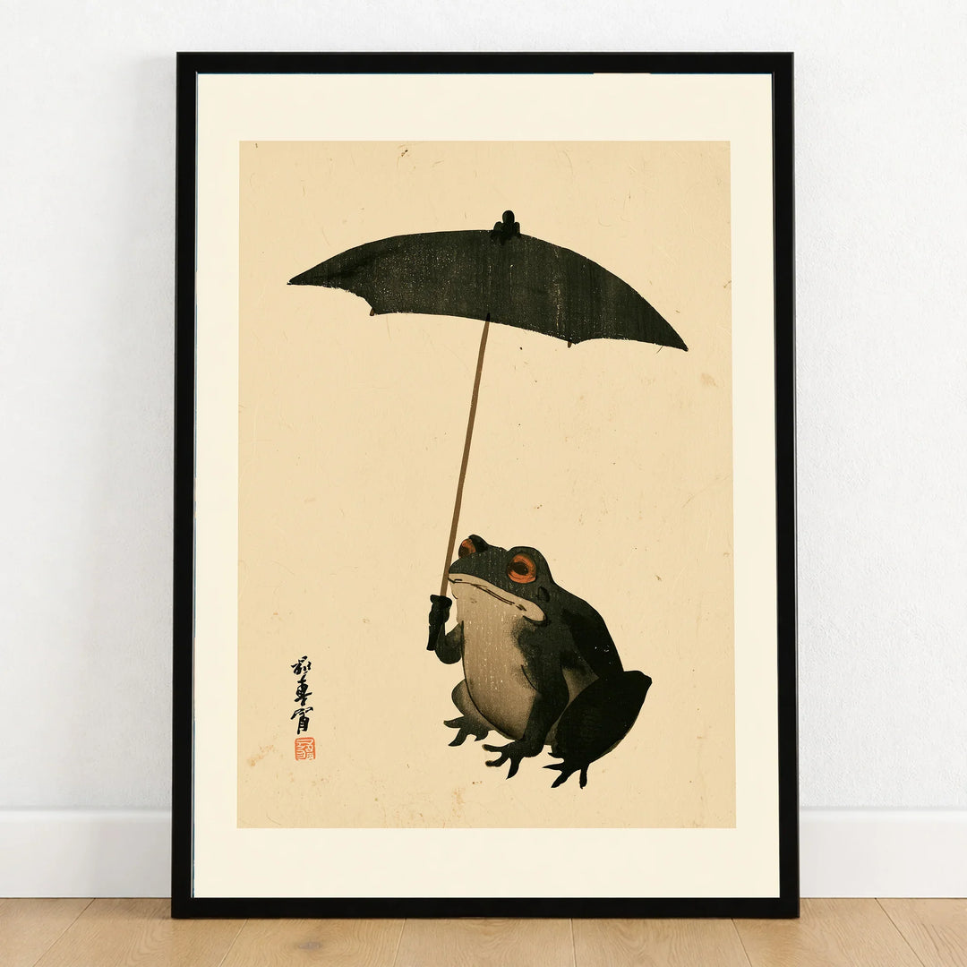 Vintage Japanese Frog Art Print – Umbrella Wall Art — art print in black frame on wooden floor