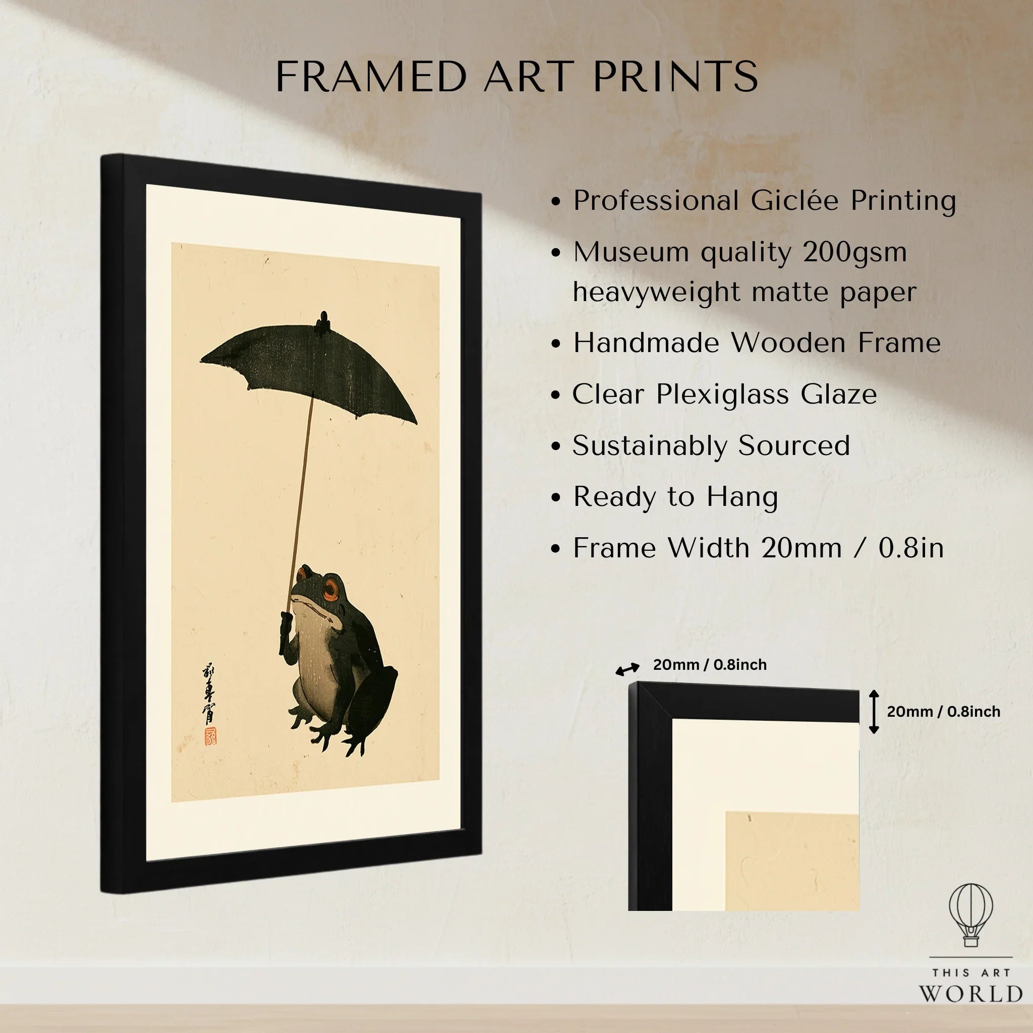 Vintage Japanese Frog Art Print – Umbrella Wall Art — framed print details measurements quality details