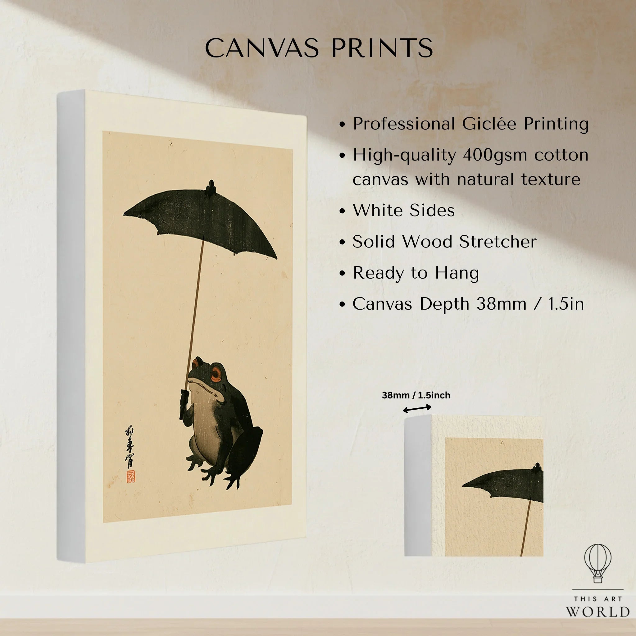 Vintage Japanese Frog Art Print – Umbrella Wall Art — canvas print stretched cotton canvas details