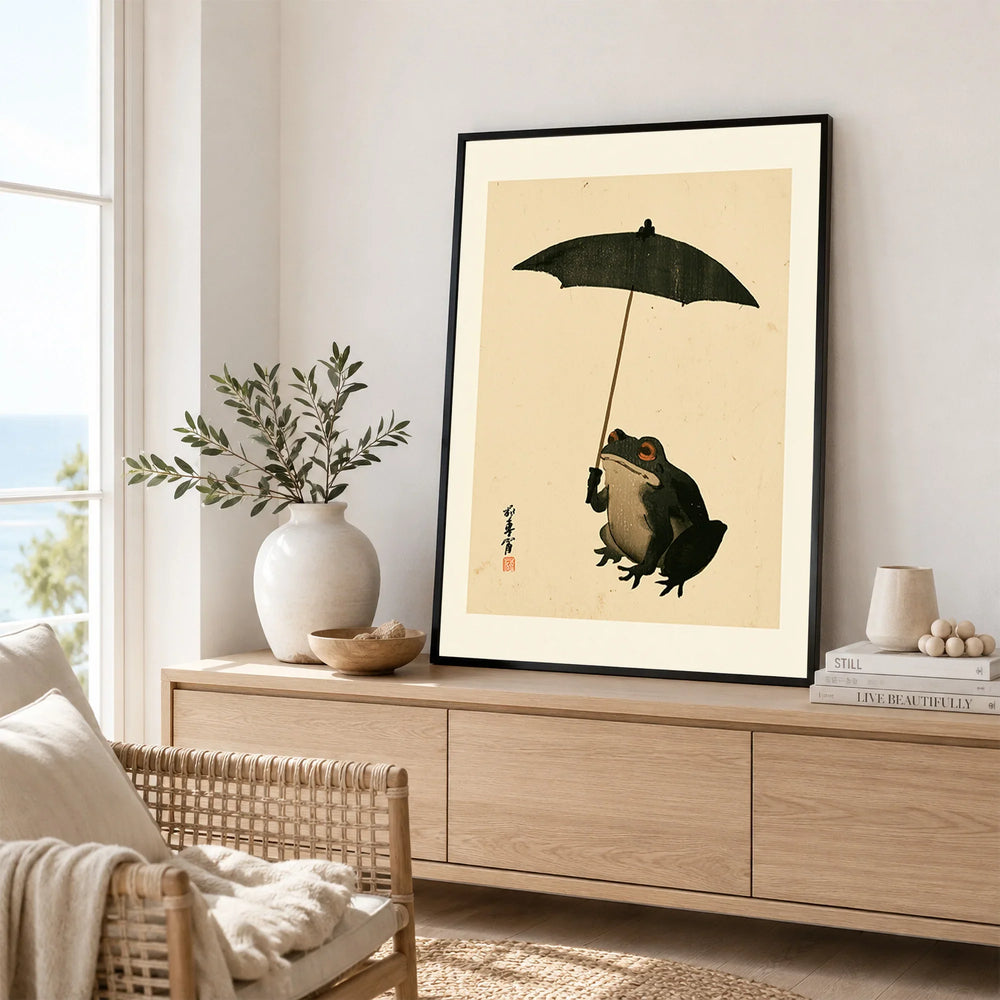Vintage Japanese Frog Art Print – Umbrella Wall Art — framed artwork living room lifestyle setting
