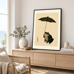 Vintage Japanese Frog Art Print – Umbrella Wall Art — framed artwork living room lifestyle setting