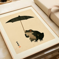 Vintage Japanese Frog Art Print – Umbrella Wall Art — framed art print closeup gift unwrapped natural frame