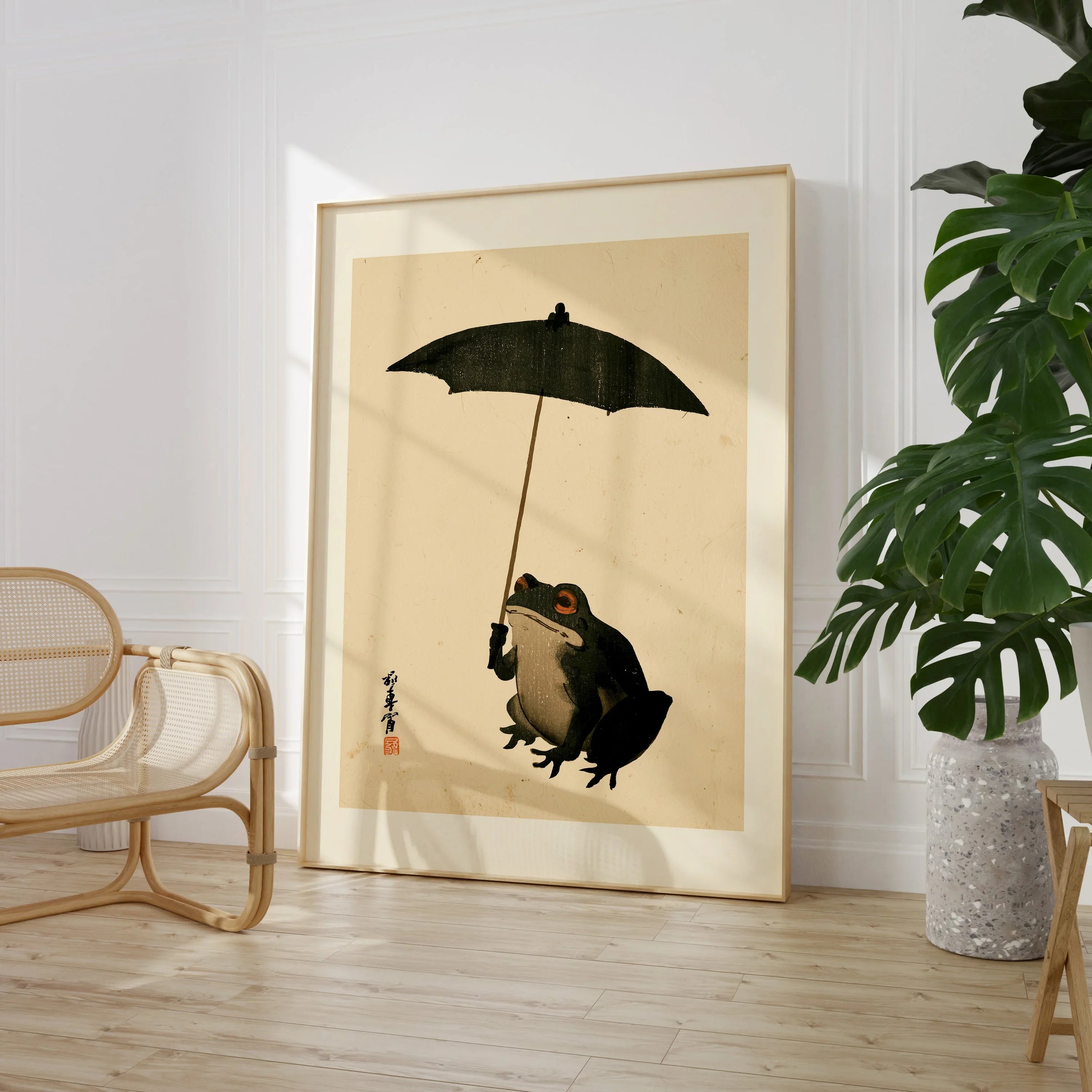 Vintage Japanese Frog Art Print – Umbrella Wall Art — large framed print room setting chair plant