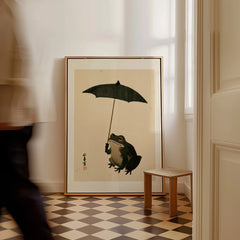 Vintage Japanese Frog Art Print – Umbrella Wall Art — framed canvas on floor man walking past