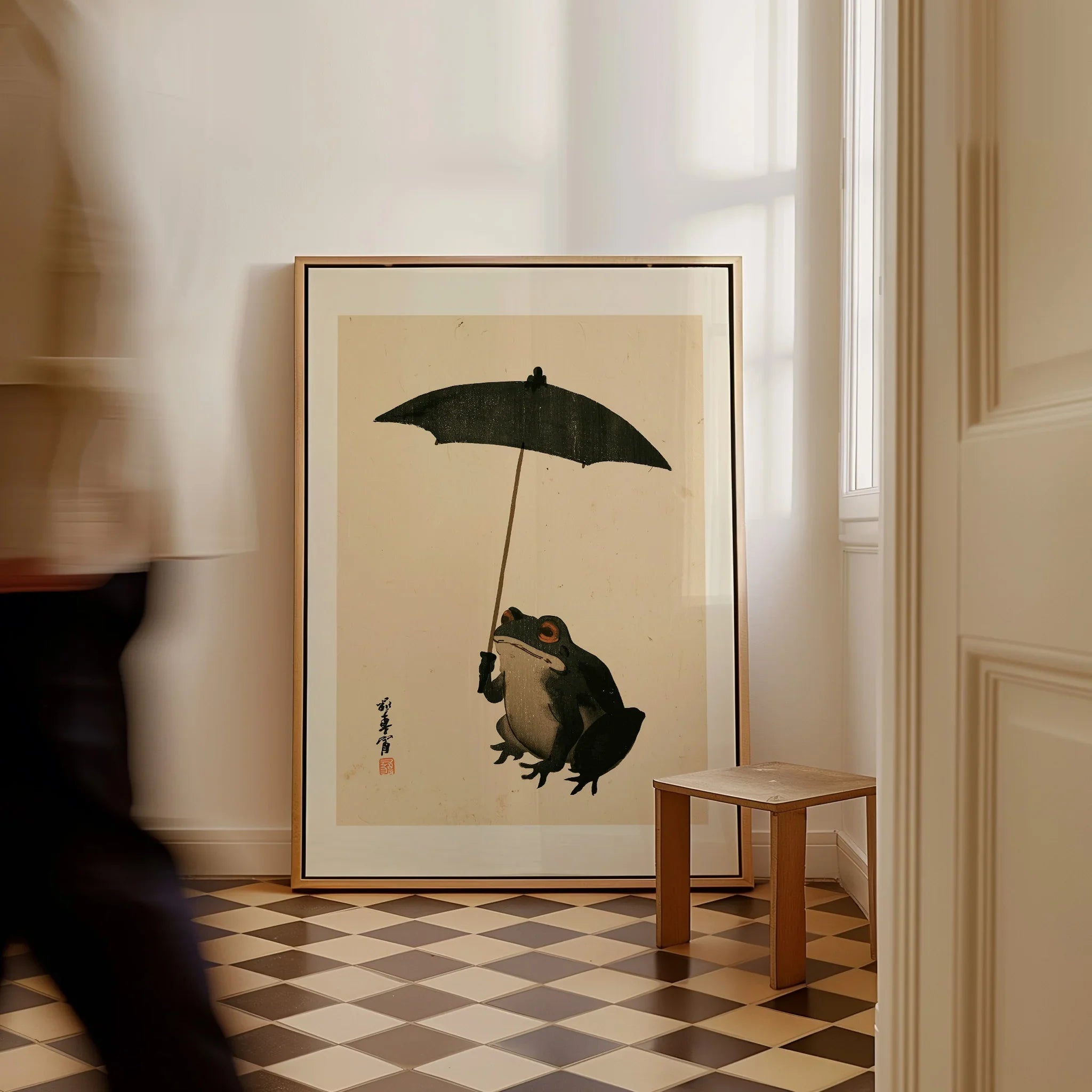Vintage Japanese Frog Art Print – Umbrella Wall Art — framed canvas on floor man walking past