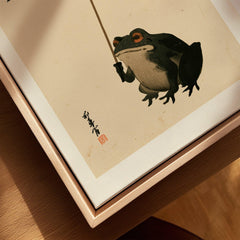 Vintage Japanese Frog Art Print – Umbrella Wall Art — closeup framed canvas natural wood floating frame