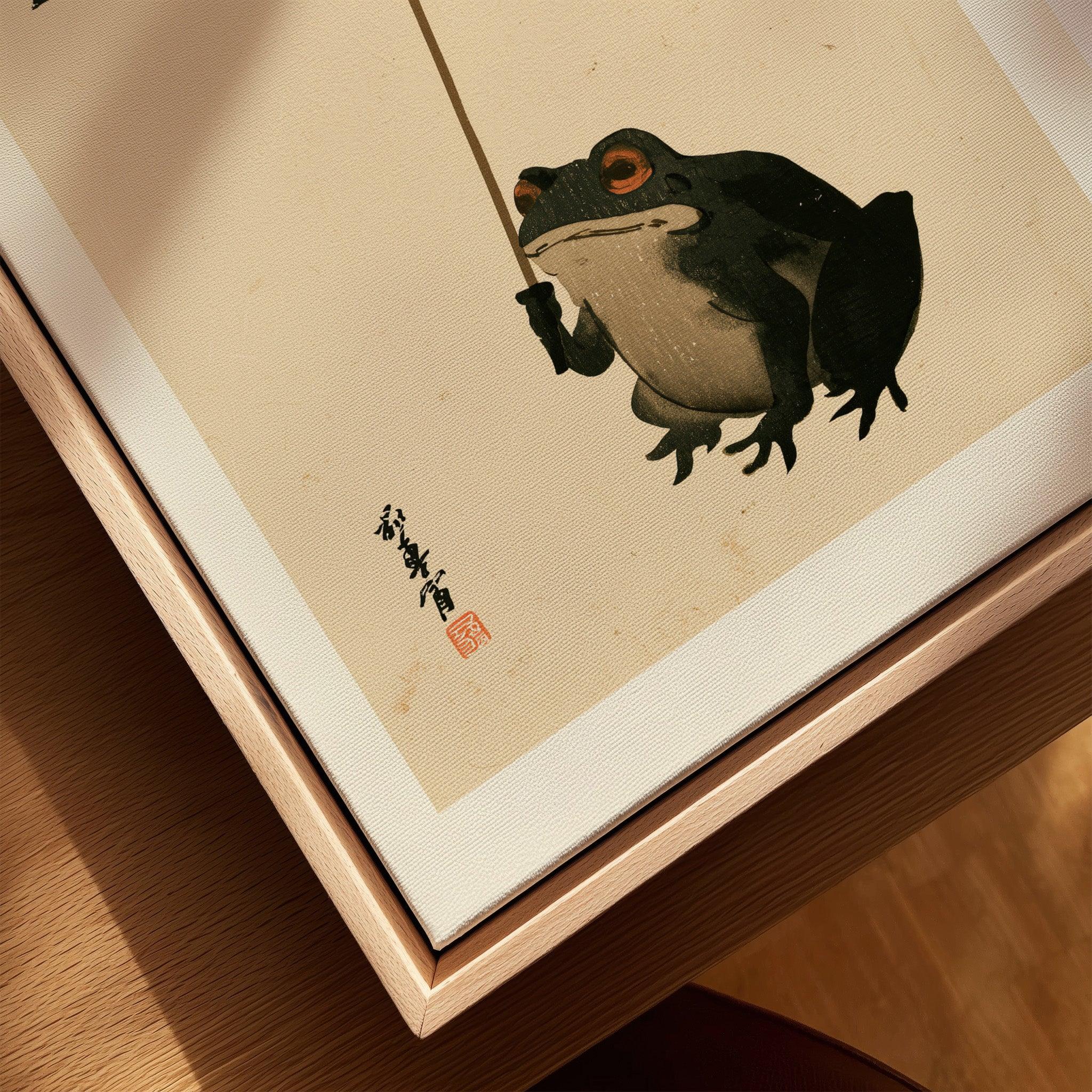 Vintage Japanese Frog Art Print – Umbrella Wall Art — closeup framed canvas natural wood floating frame