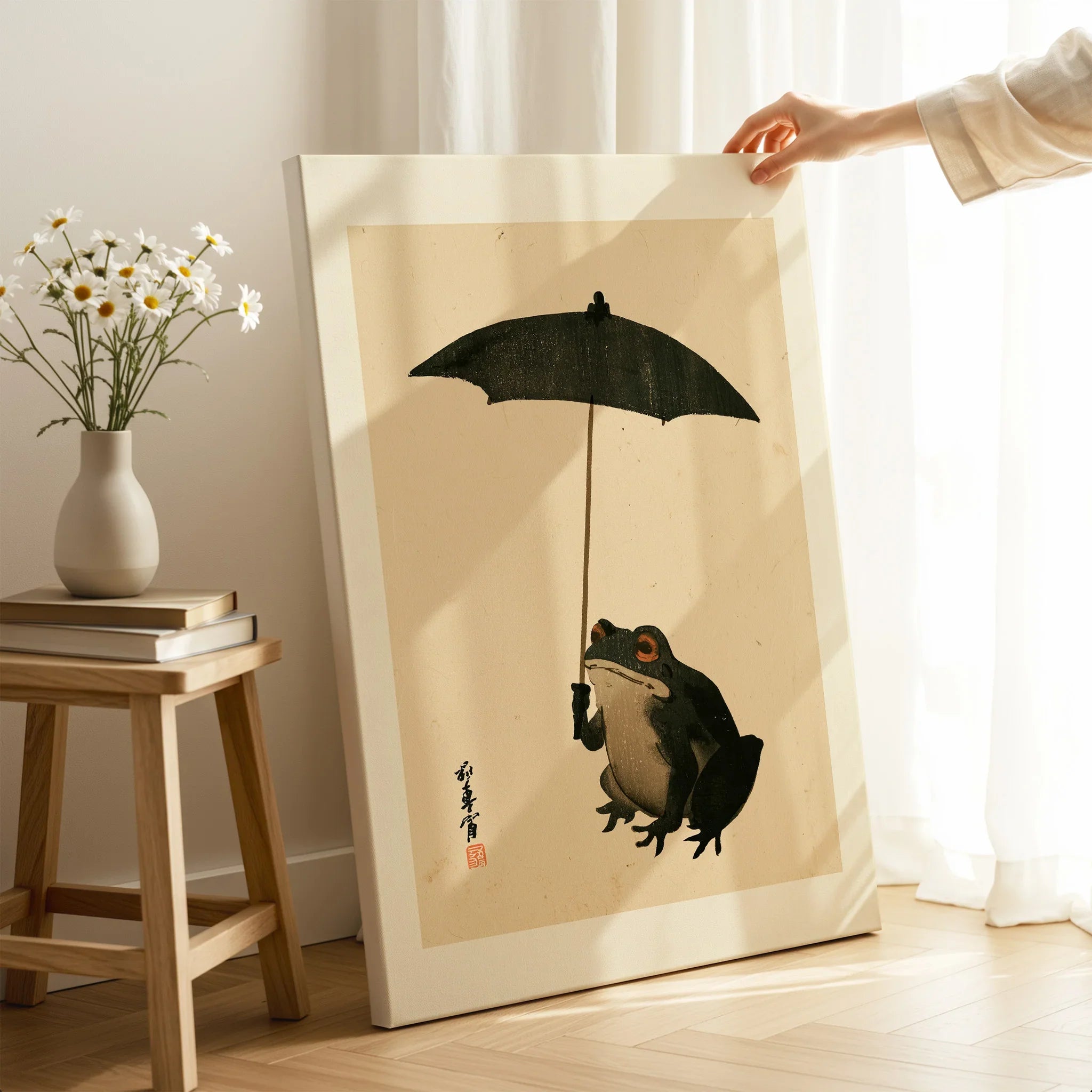 Vintage Japanese Frog Art Print – Umbrella Wall Art — canvas print mirror edge hand holding room setting