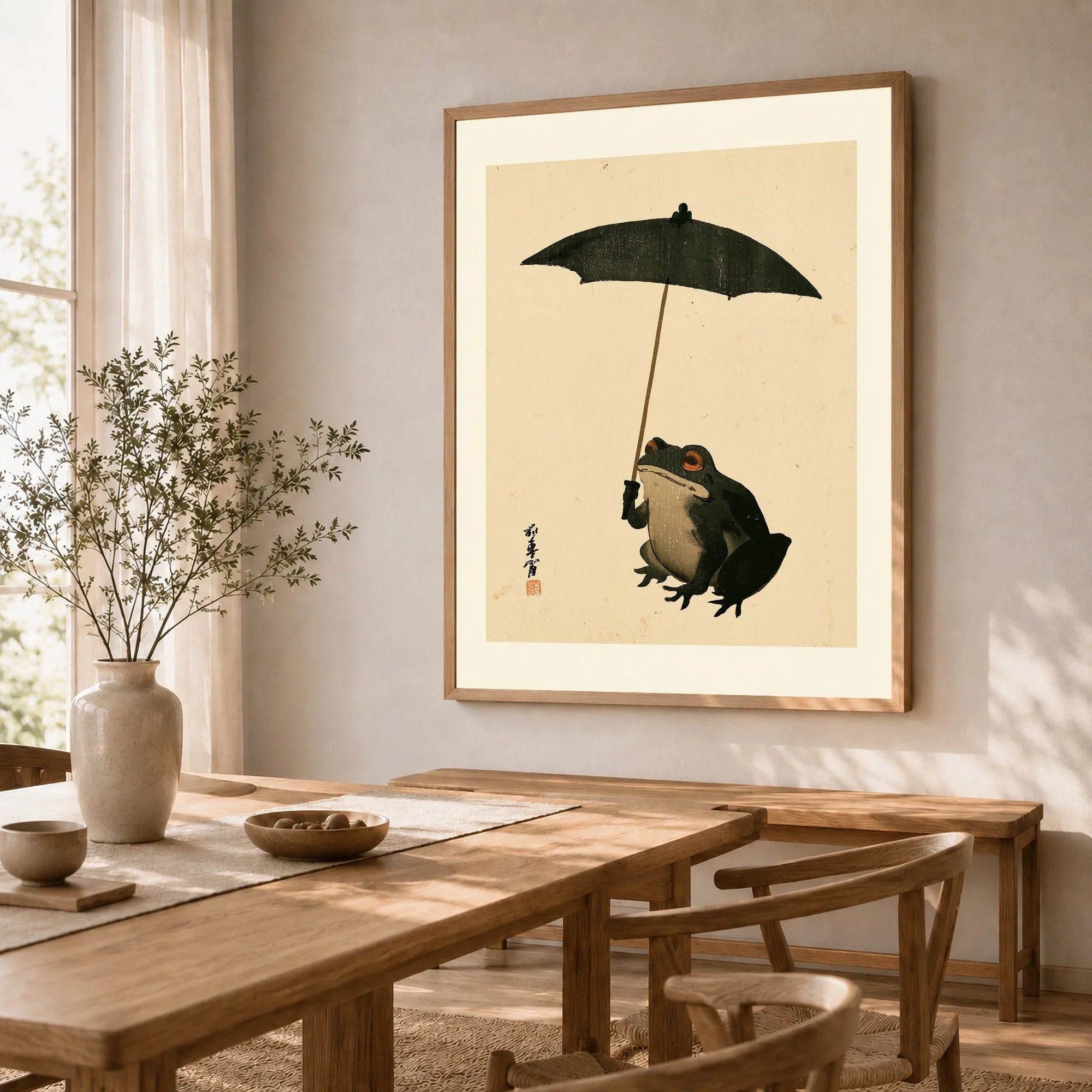 Vintage Japanese Frog Art Print – Umbrella Wall Art — dining room framed print natural wood frame