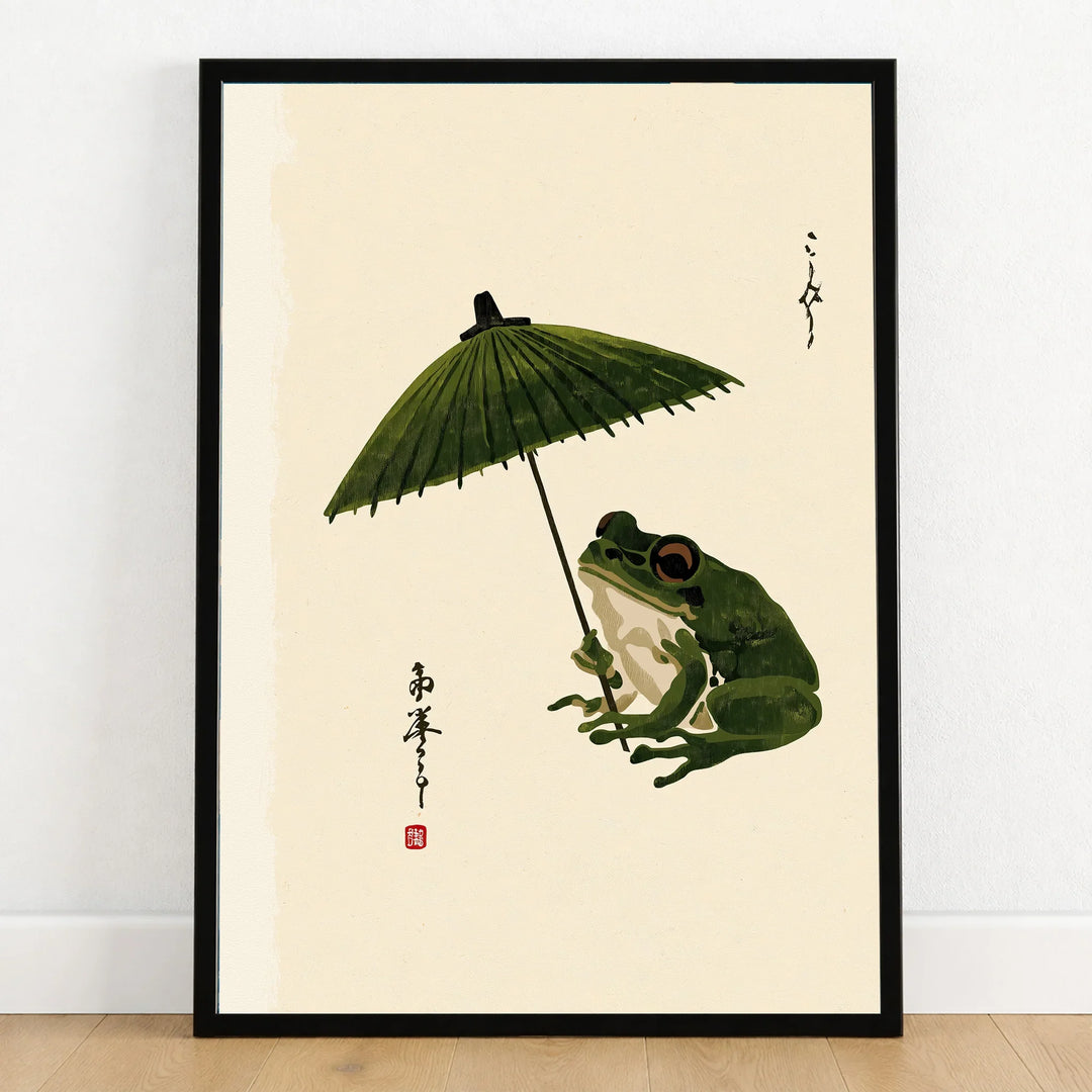 Japanese Frog Art Print – Vintage Parasol Wall Art — art print in black frame on wooden floor