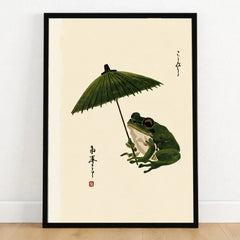 Japanese Frog Art Print – Vintage Parasol Wall Art — art print in black frame on wooden floor