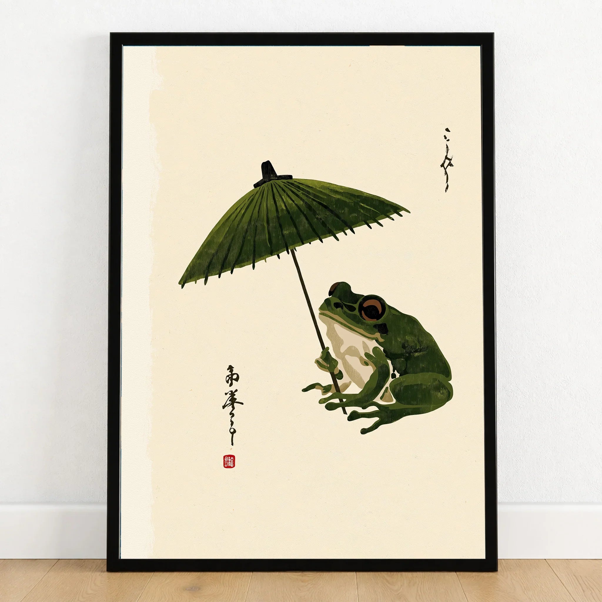 Japanese Frog Art Print – Vintage Parasol Wall Art — art print in black frame on wooden floor