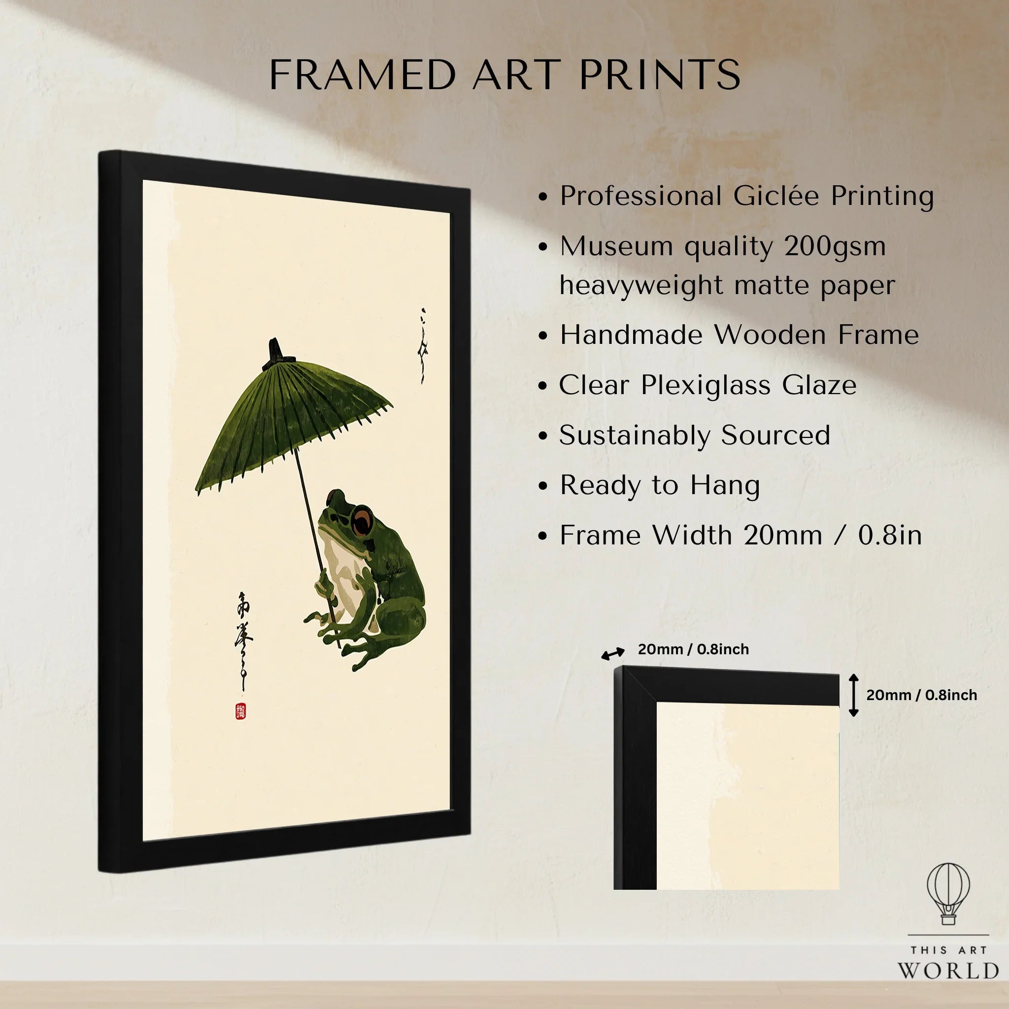 Japanese Frog Art Print – Vintage Parasol Wall Art — framed print details measurements quality details
