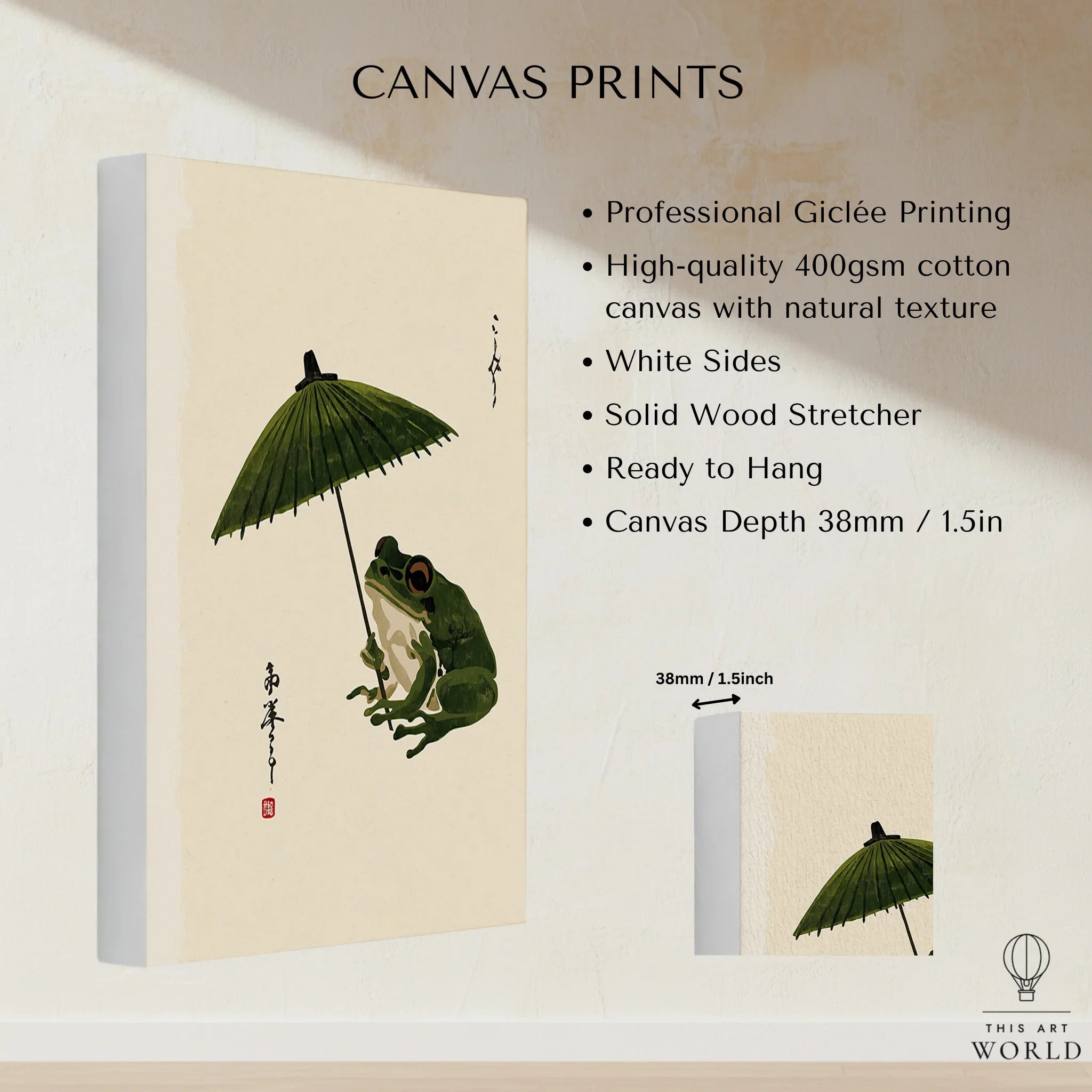 Japanese Frog Art Print – Vintage Parasol Wall Art — canvas print stretched cotton canvas details