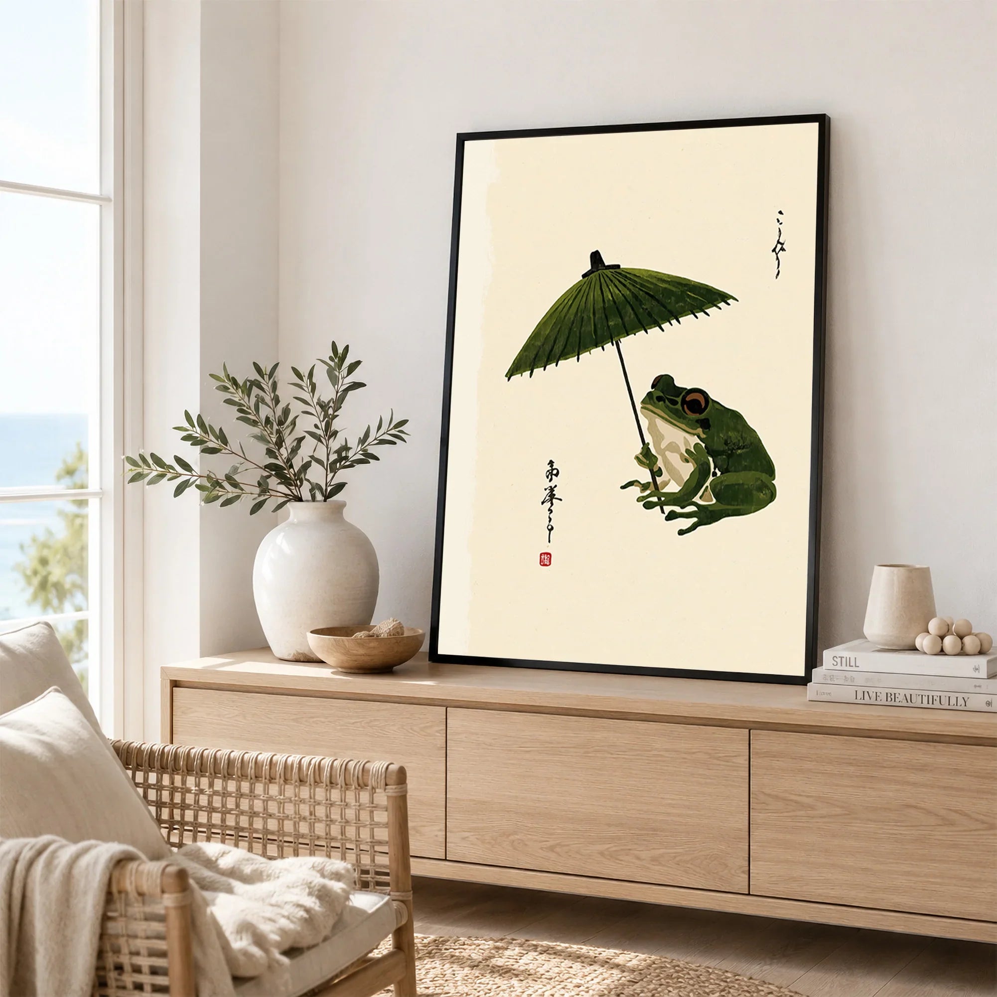 Japanese Frog Art Print – Vintage Parasol Wall Art — framed artwork living room lifestyle setting