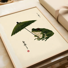 Japanese Frog Art Print – Vintage Parasol Wall Art — framed art print closeup gift unwrapped natural frame