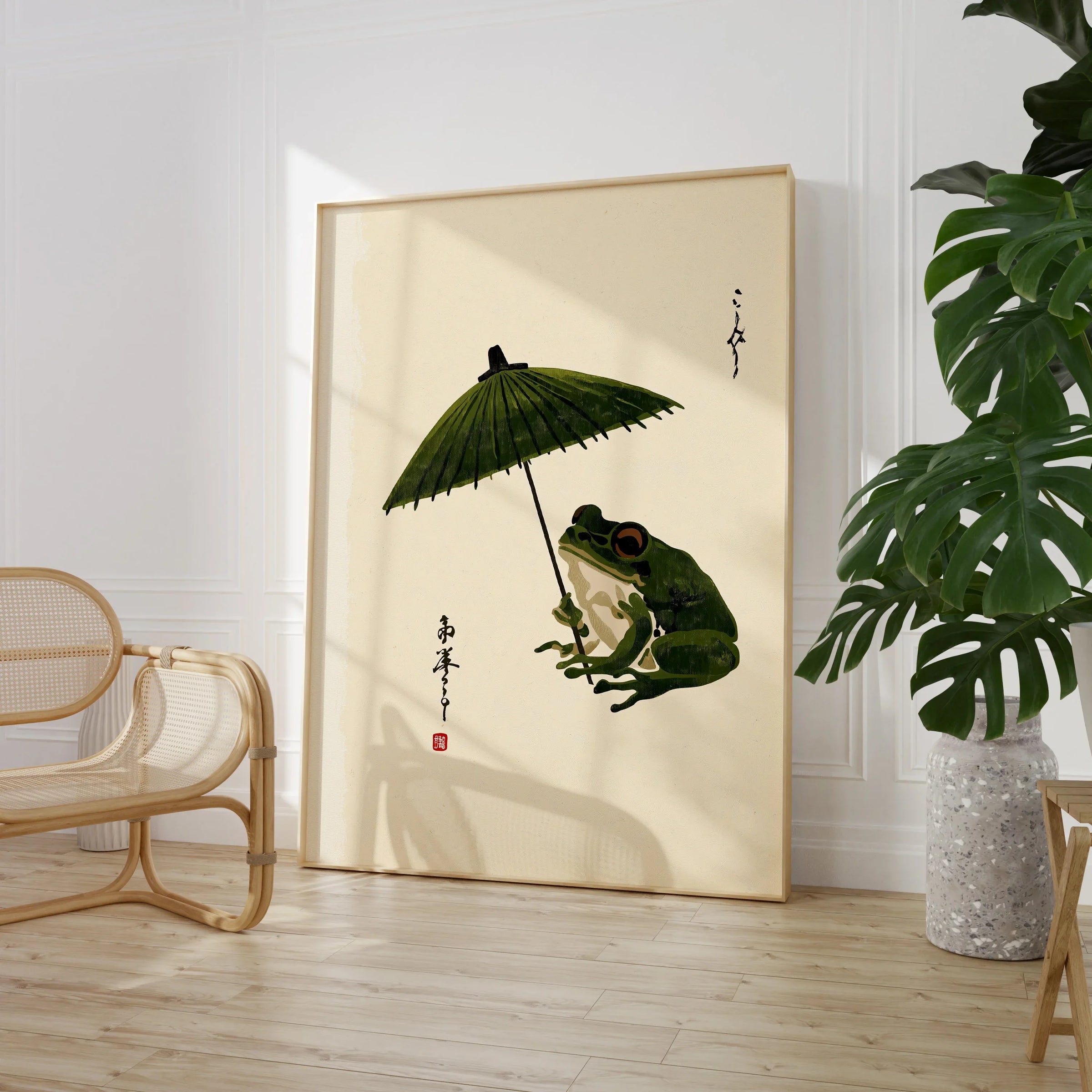 Japanese Frog Art Print – Vintage Parasol Wall Art — large framed print room setting chair plant