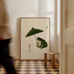 Japanese Frog Art Print – Vintage Parasol Wall Art — framed canvas on floor man walking past