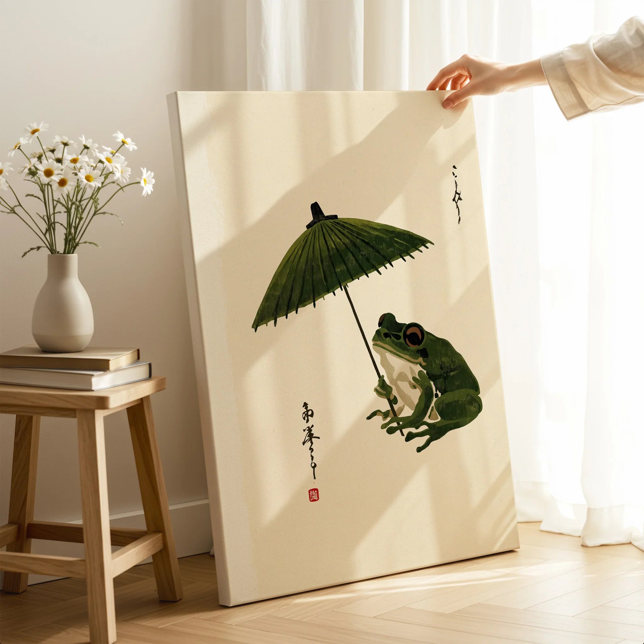 Japanese Frog Art Print – Vintage Parasol Wall Art — canvas print mirror edge hand holding room setting