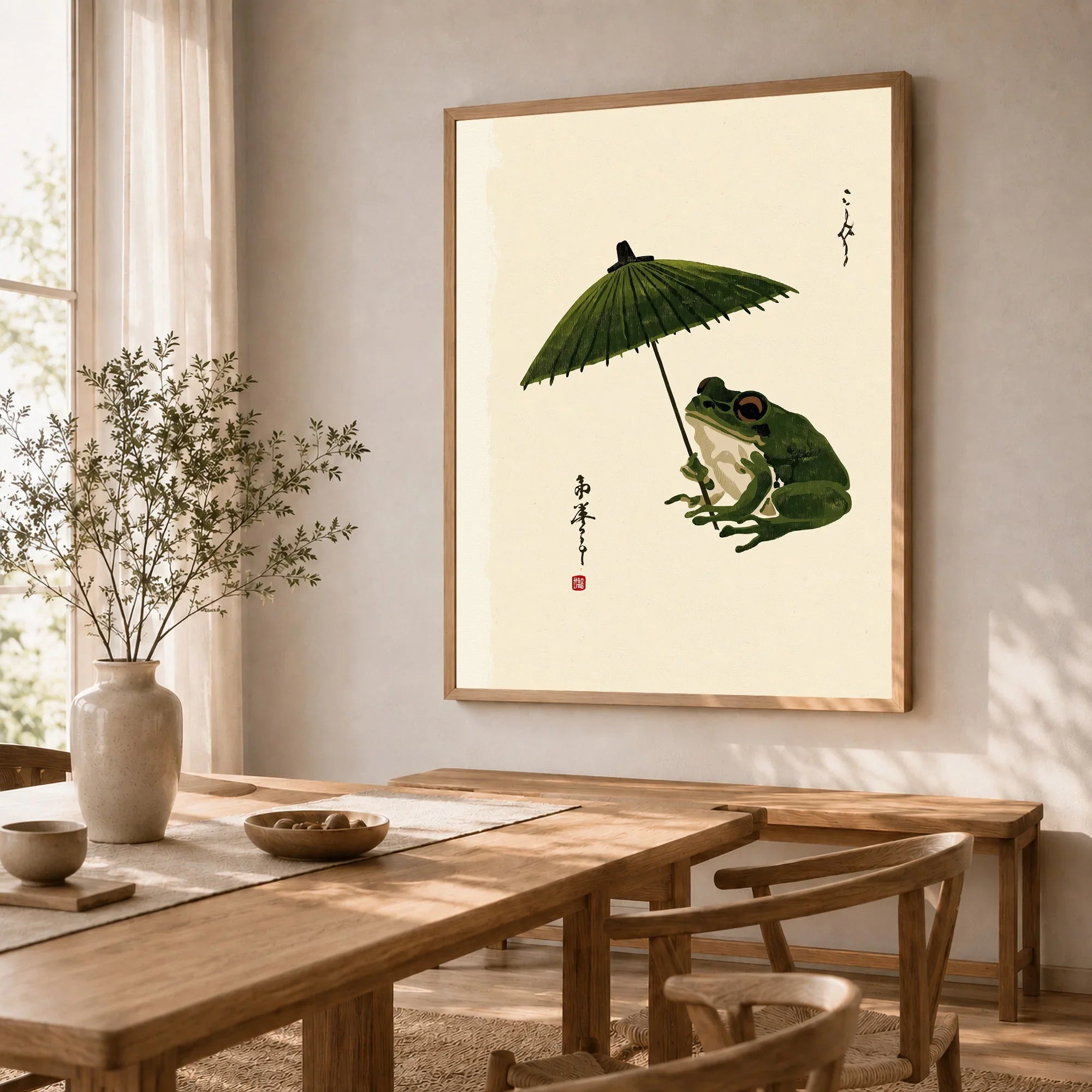 Japanese Frog Art Print – Vintage Parasol Wall Art — dining room framed print natural wood frame