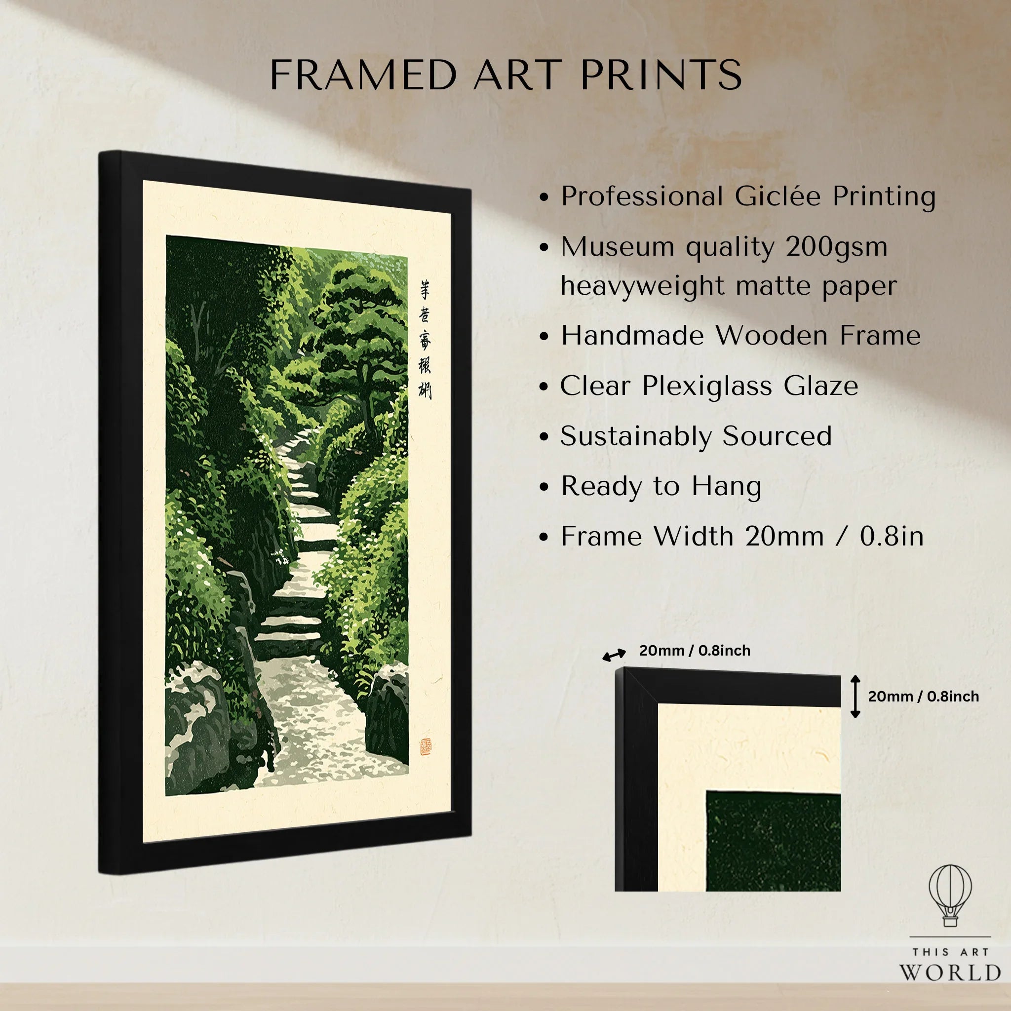 Japanese Garden Art Print – Vintage Landscape Wall Art — framed print details measurements quality details