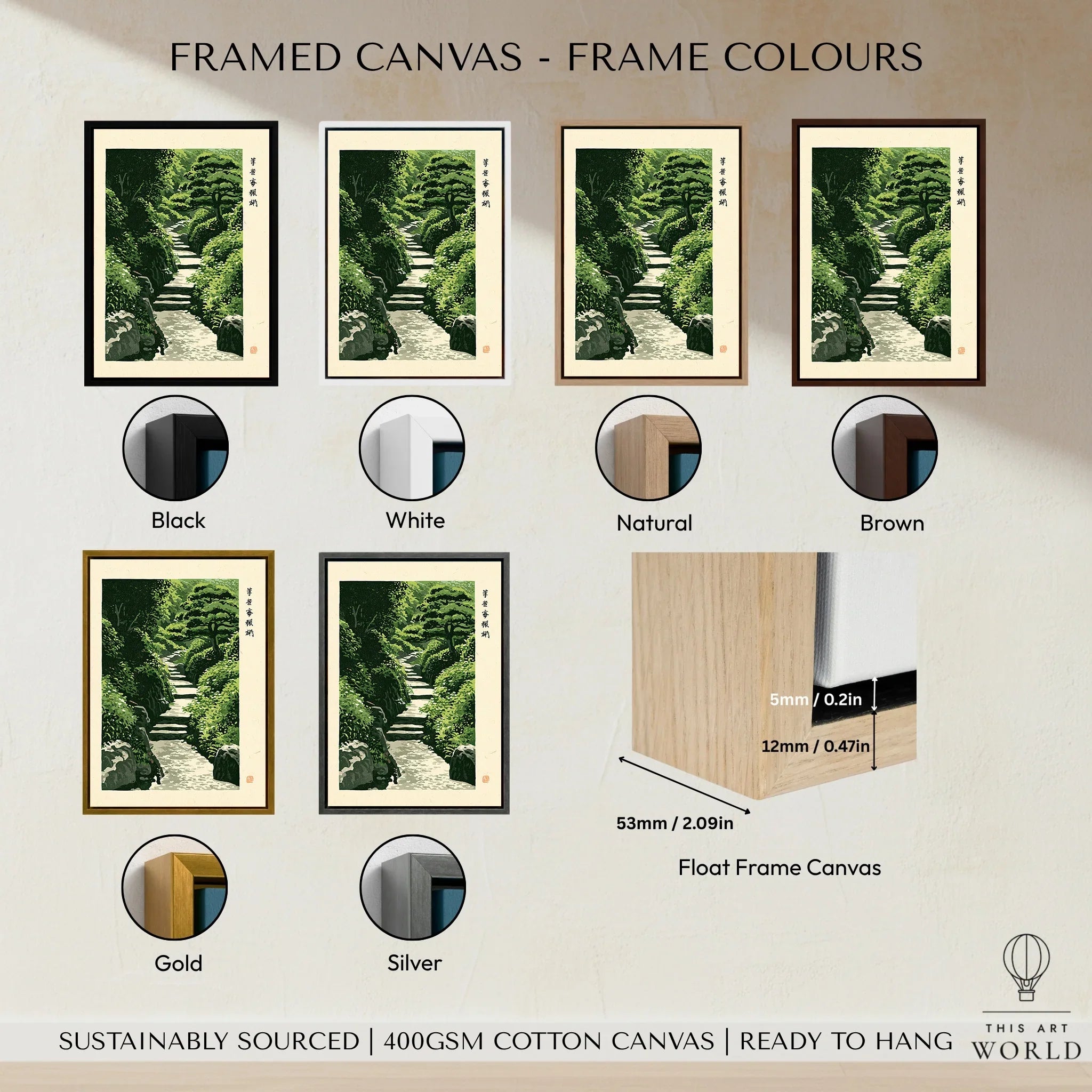 Japanese Garden Art Print – Vintage Landscape Wall Art — framed canvas float frame colour options